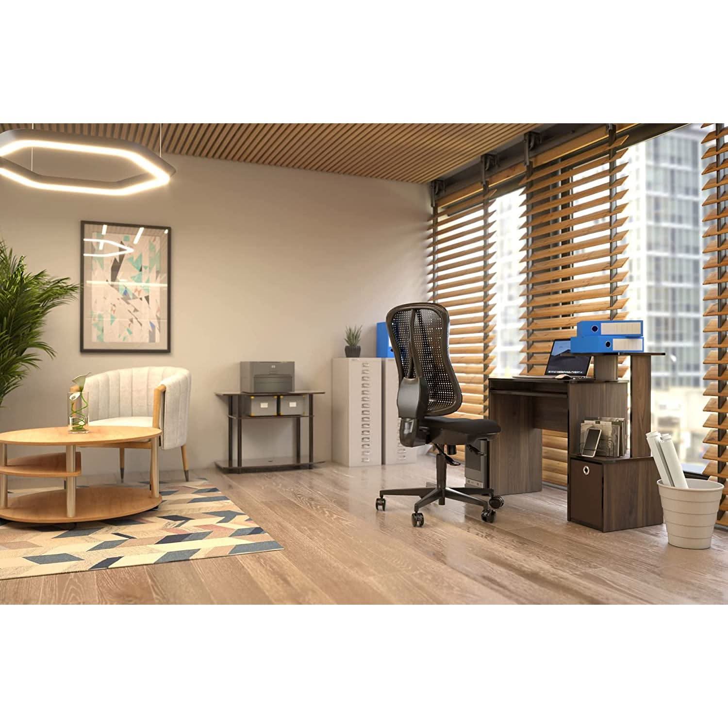 Walnut Compact Desk With Keyboard Tray And Shelves