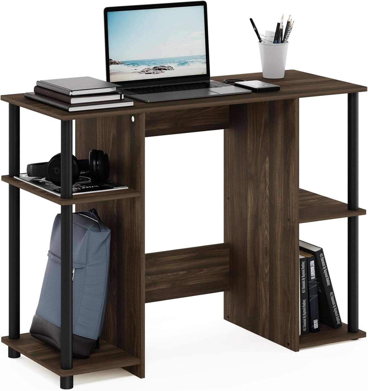 Walnut Computer Desk With Storage Shelves For Small Spaces