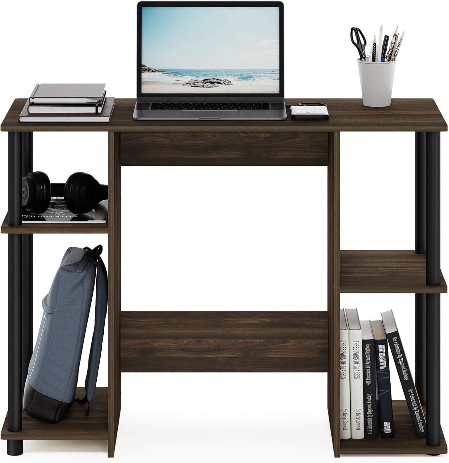 Walnut Computer Desk With Storage Shelves For Small Spaces