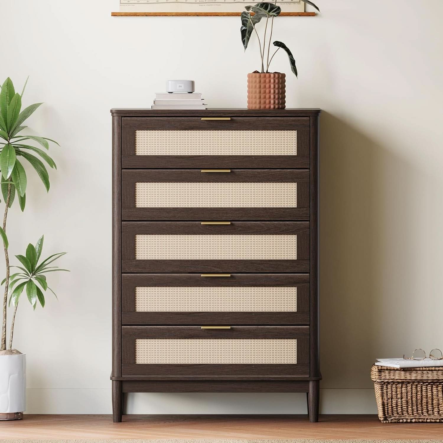 Walnut Dresser 46 Inch Five Drawer Modern Storage Unit