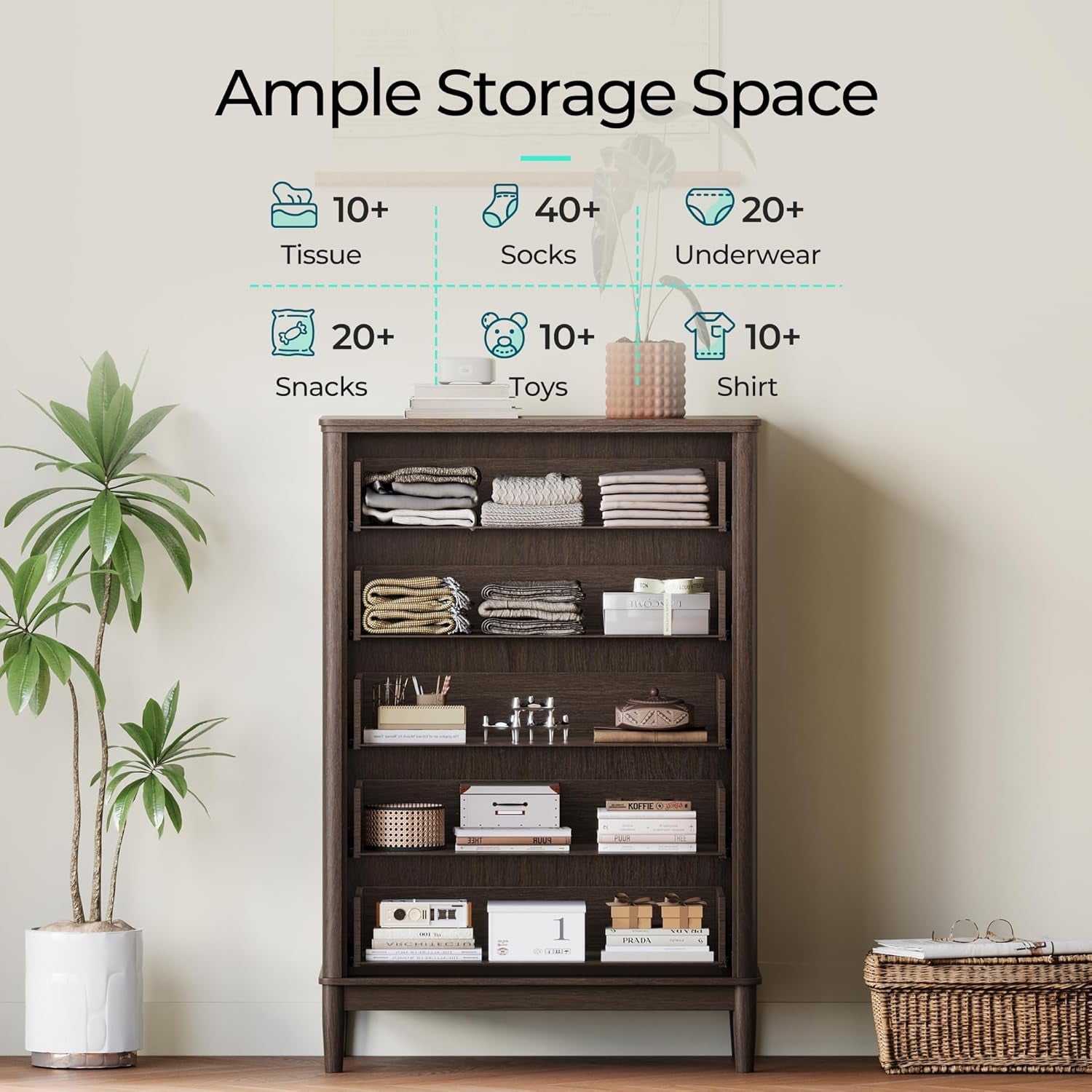 Walnut Dresser 46 Inch Five Drawer Modern Storage Unit