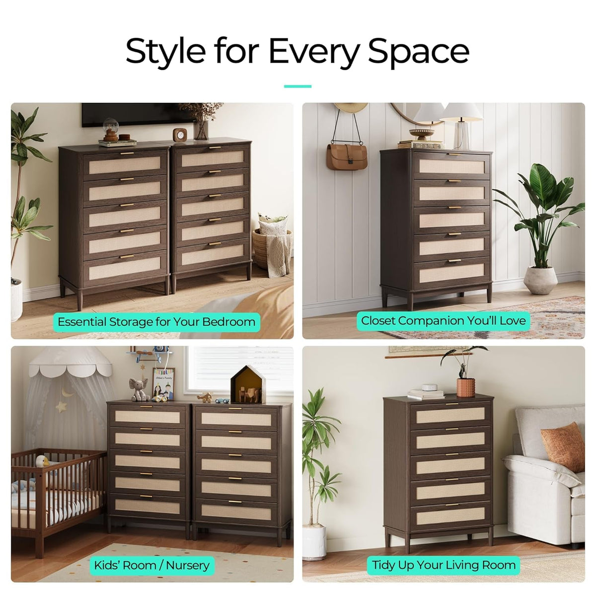 Walnut Dresser 46 Inch Five Drawer Modern Storage Unit