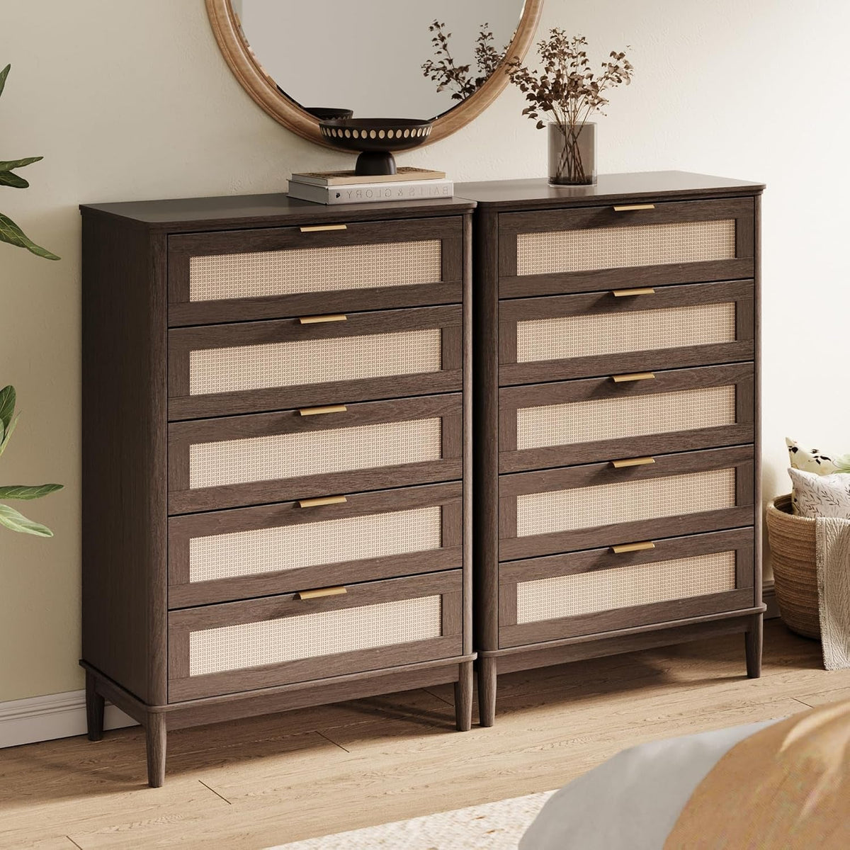 Walnut Dresser 46 Inch Five Drawer Modern Storage Unit