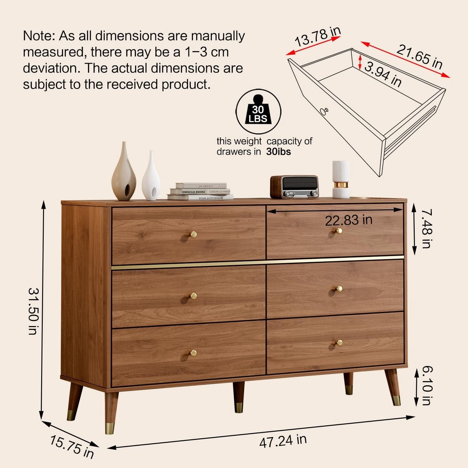 Walnut Dresser 47 Inch Modern Mid Century Bedroom Storage