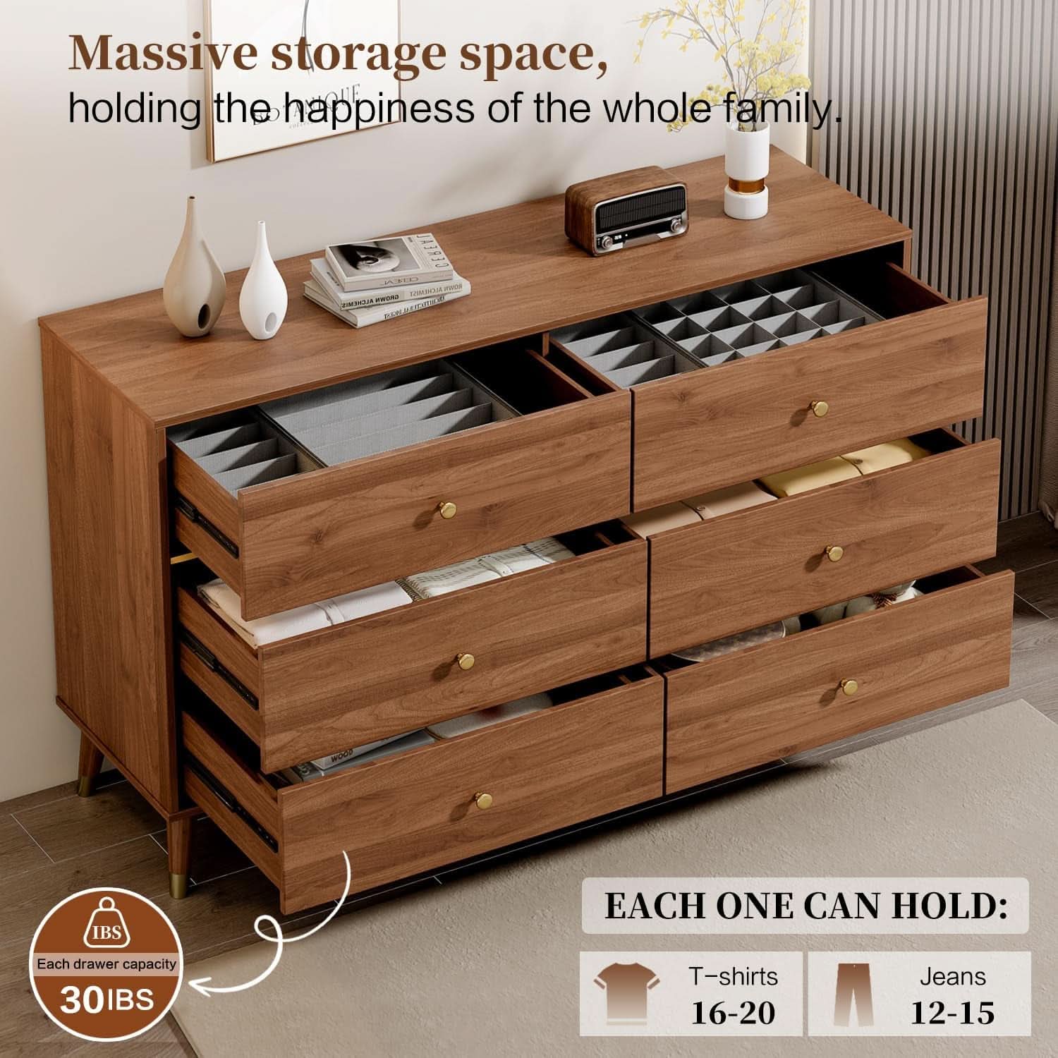 Walnut Dresser 47 Inch Modern Mid Century Bedroom Storage