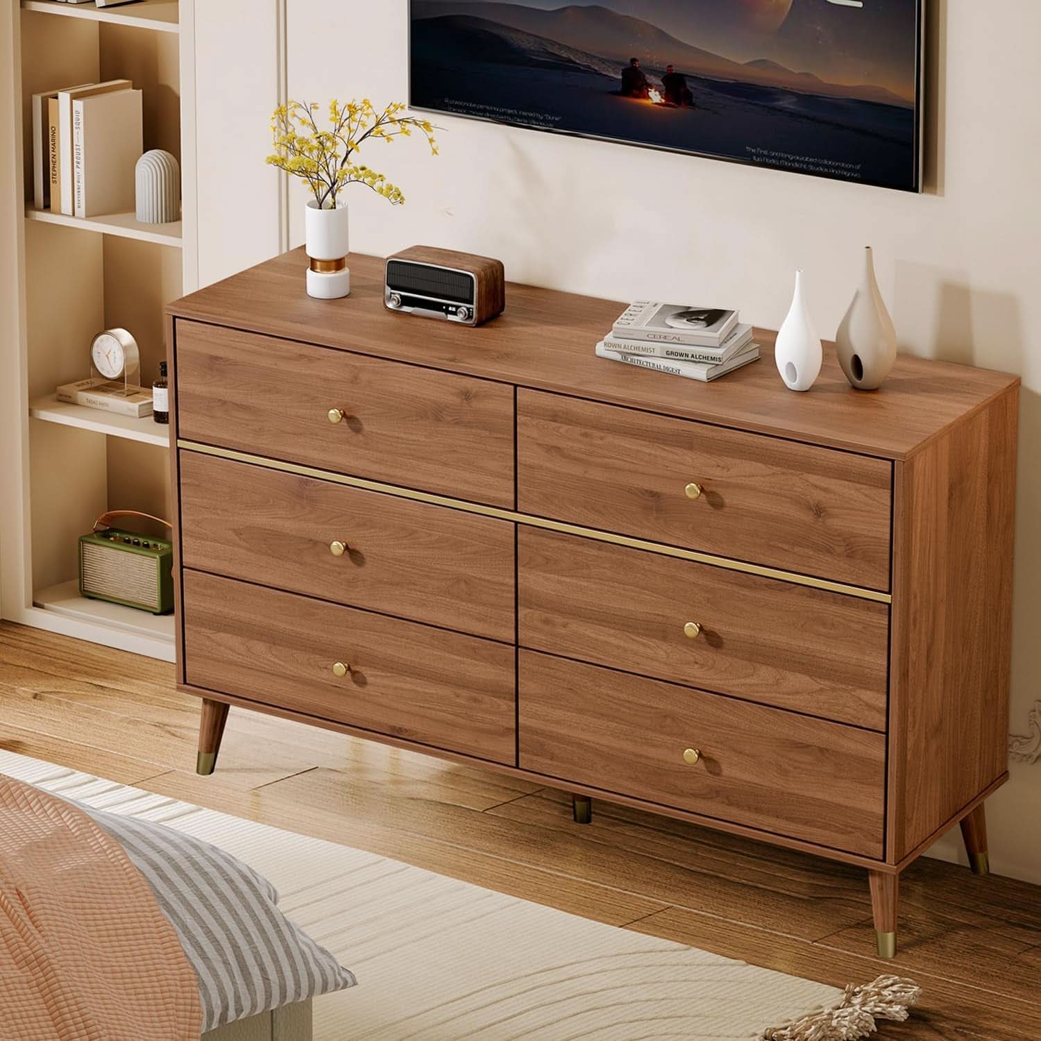 Walnut Dresser 47 Inch Modern Mid Century Bedroom Storage