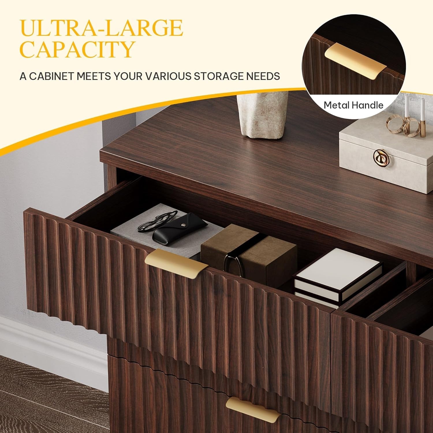 Walnut Dresser 47 Inch Wide Storage Cabinet For Bedroom