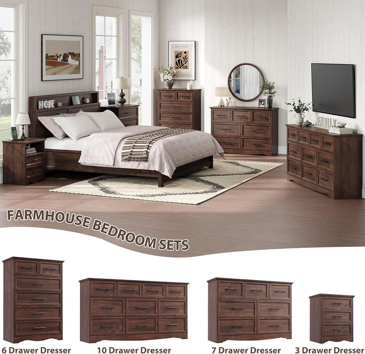 Walnut Farmhouse Dresser 7 Drawers Metallic Handles