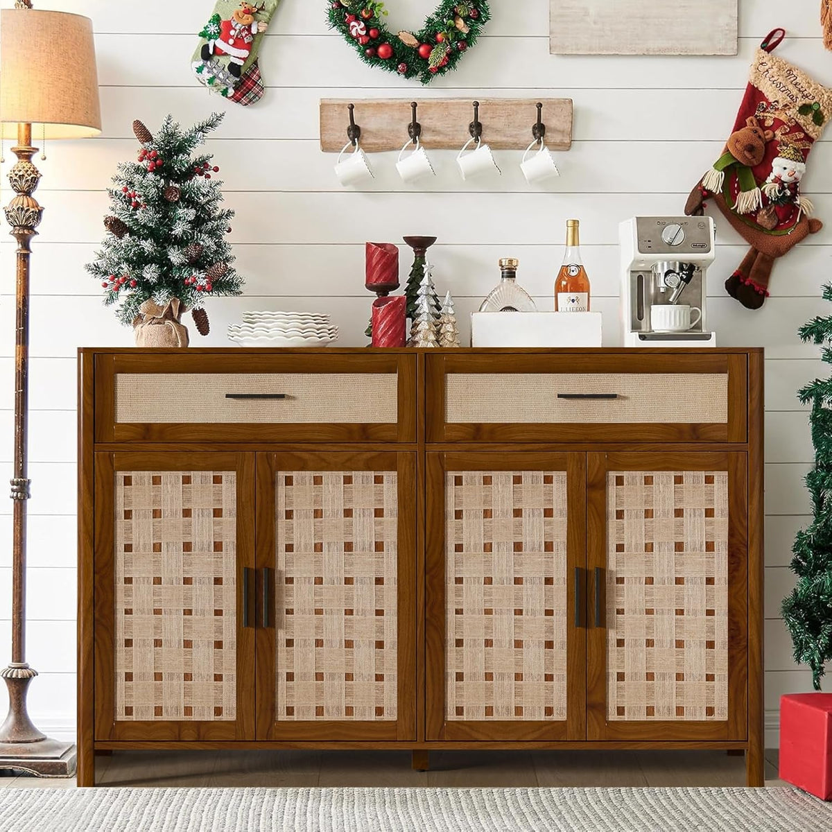 Walnut Farmhouse Sideboard Buffet 55 Inch Storage Cabinet