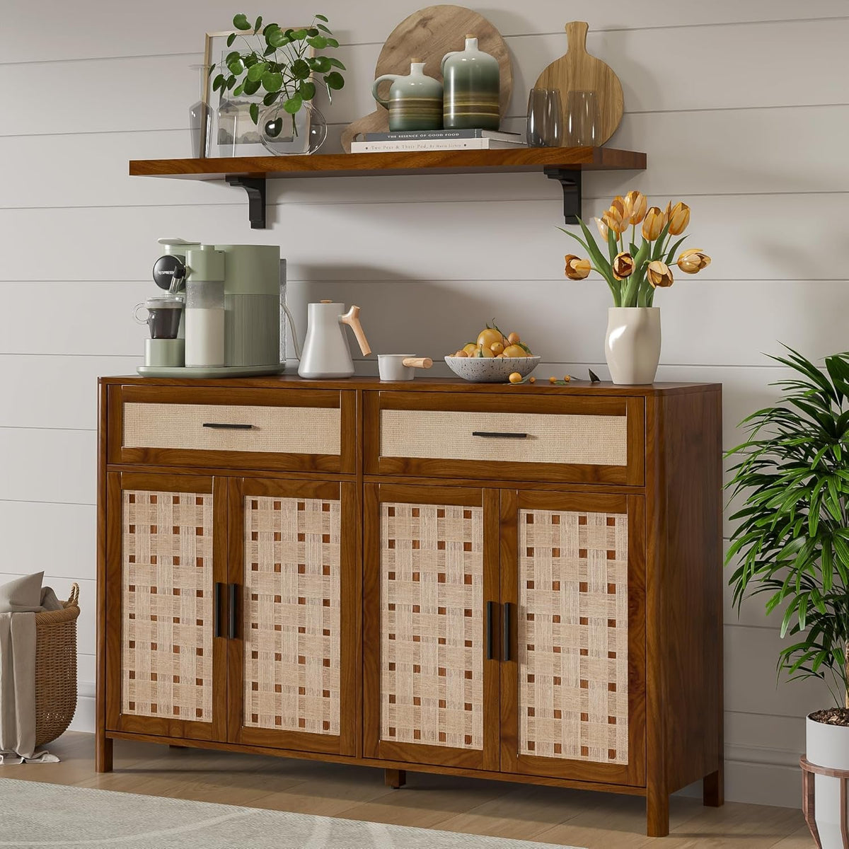 Walnut Farmhouse Sideboard Buffet 55 Inch Storage Cabinet