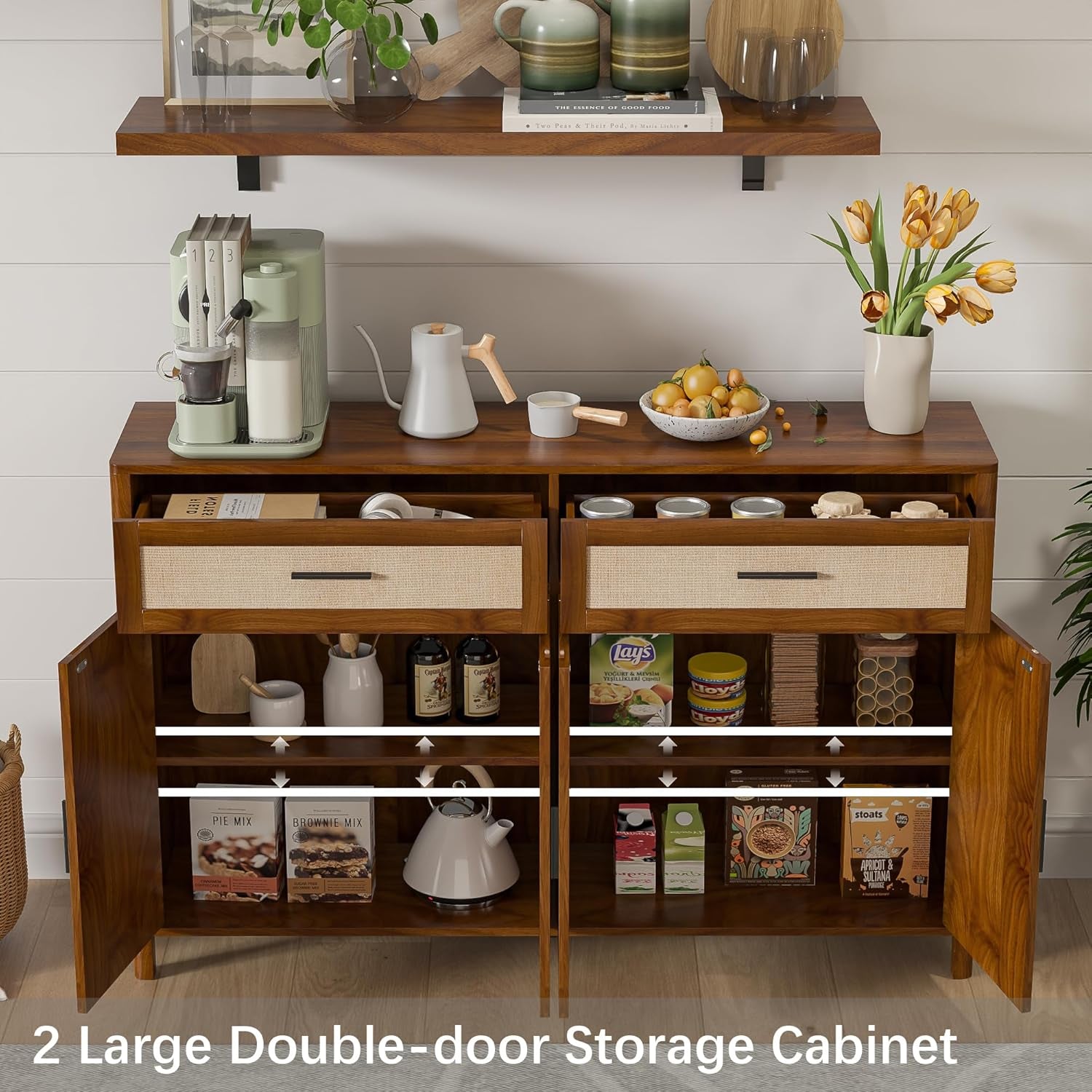 Walnut Farmhouse Sideboard Buffet 55 Inch Storage Cabinet