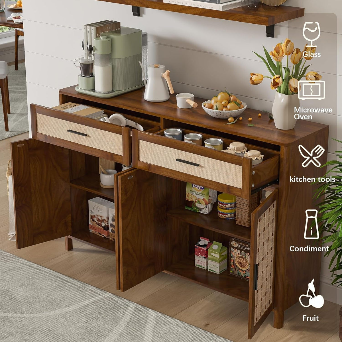 Walnut Farmhouse Sideboard Buffet 55 Inch Storage Cabinet