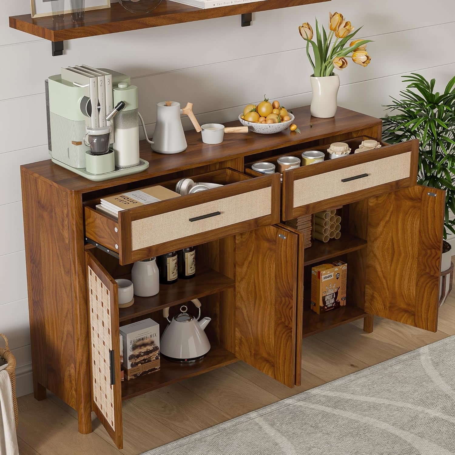 Walnut Farmhouse Sideboard Buffet 55 Inch Storage Cabinet