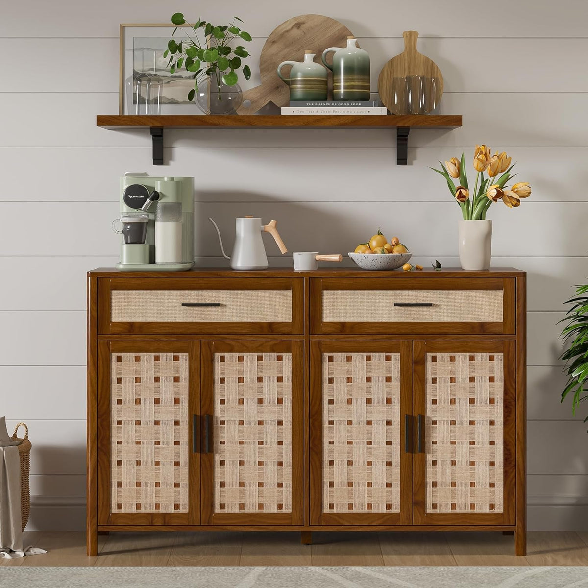 Walnut Farmhouse Sideboard Buffet 55 Inch Storage Cabinet