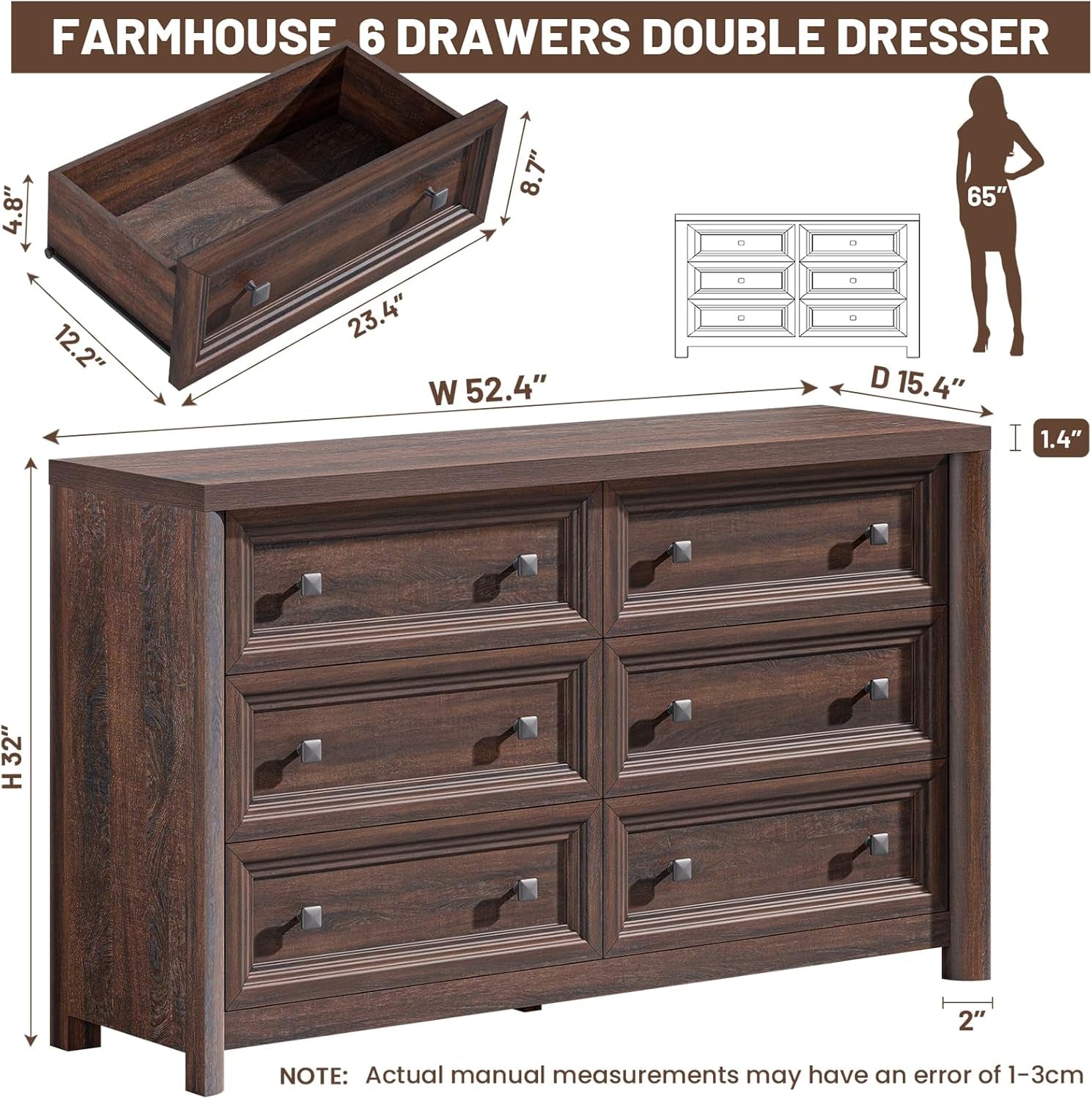 Walnut Fifty Two Inch Six Drawer Dresser With Smooth Glide