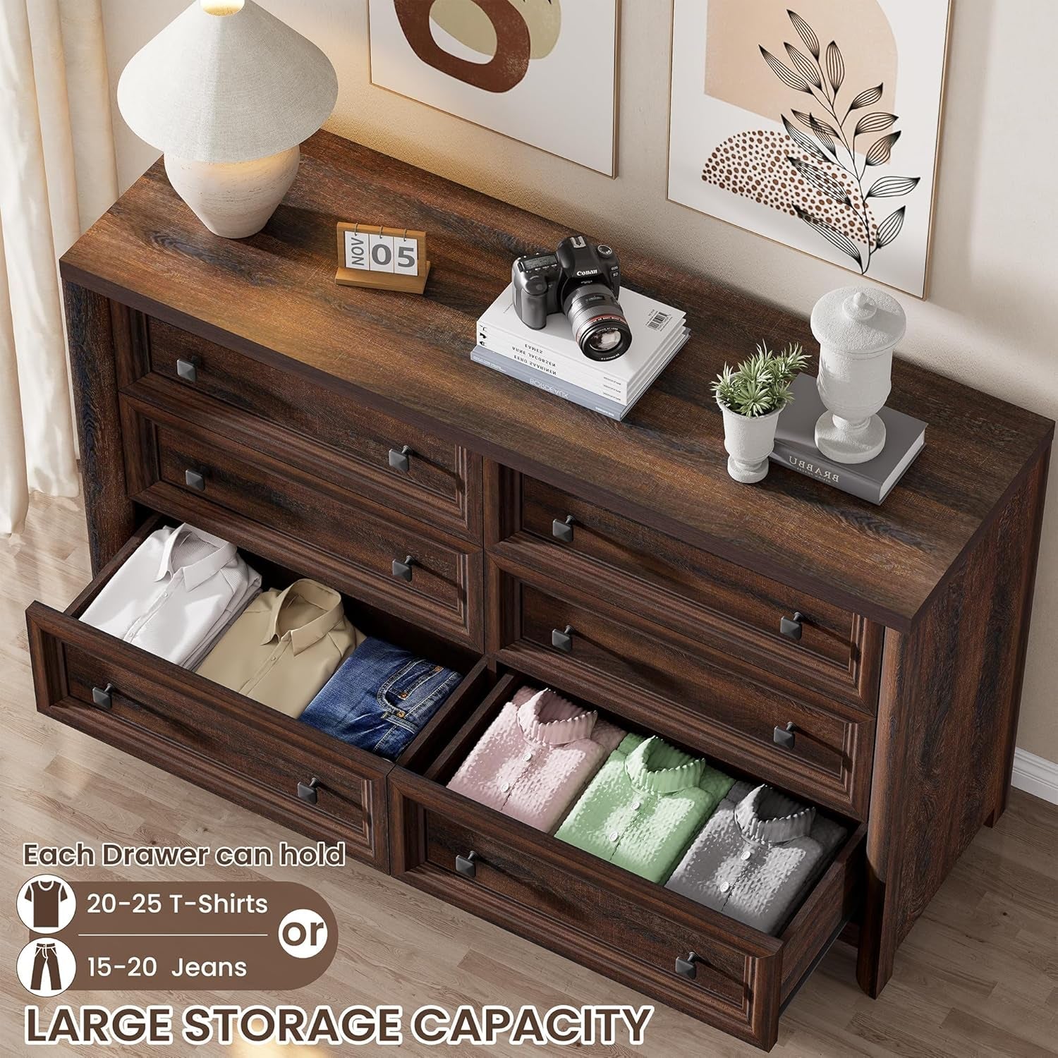 Walnut Fifty Two Inch Six Drawer Dresser With Smooth Glide
