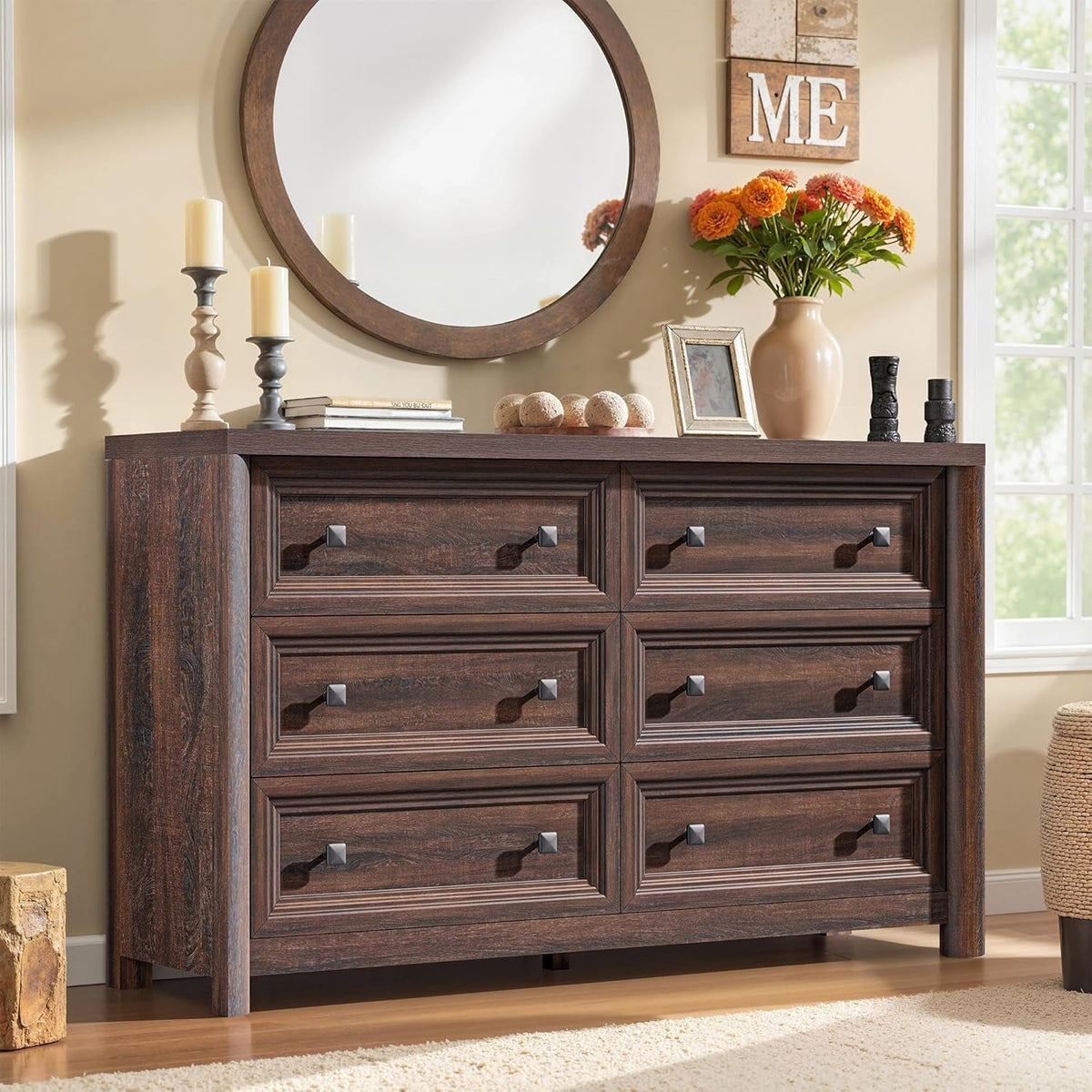 Walnut Fifty Two Inch Six Drawer Dresser With Smooth Glide