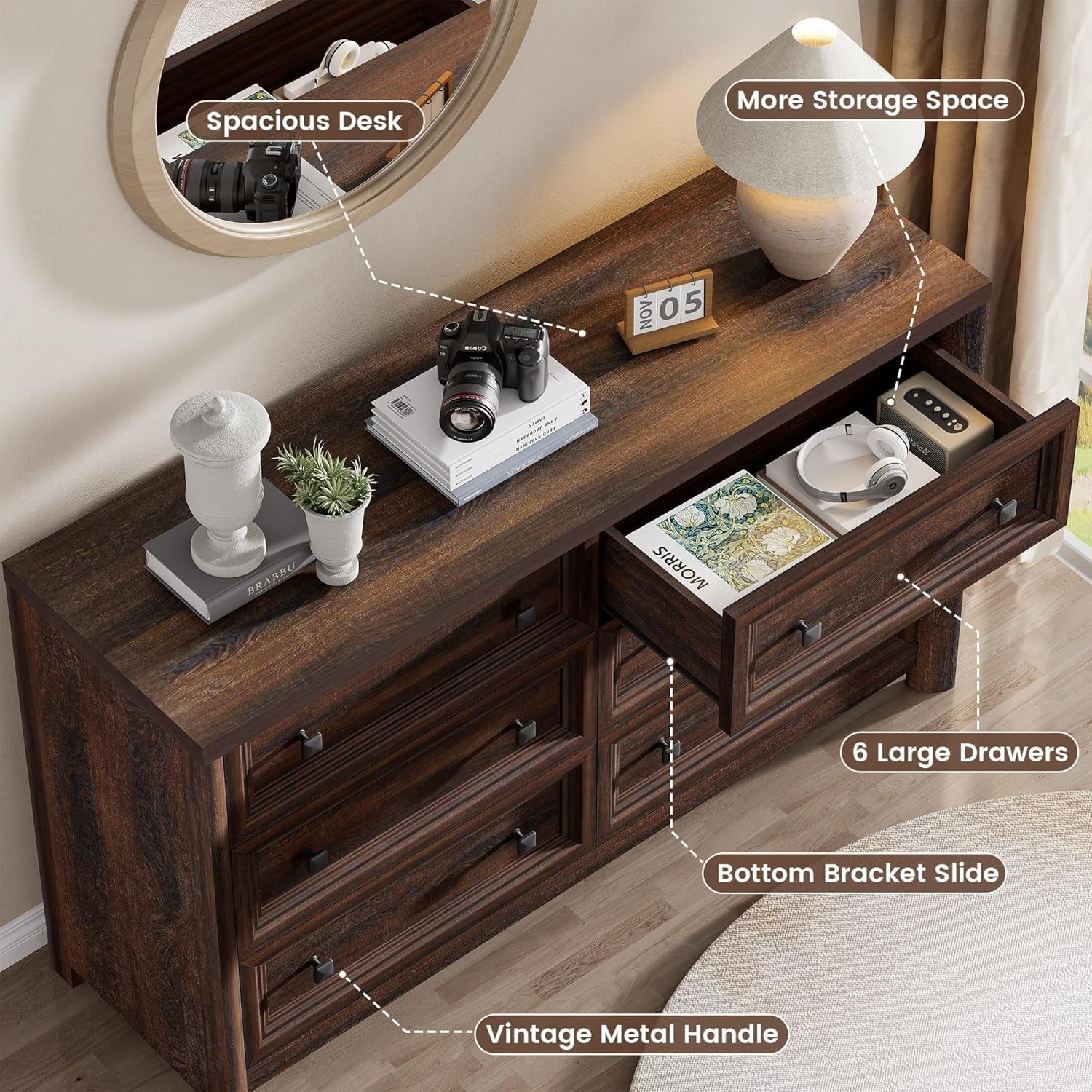 Walnut Fifty Two Inch Six Drawer Dresser With Smooth Glide