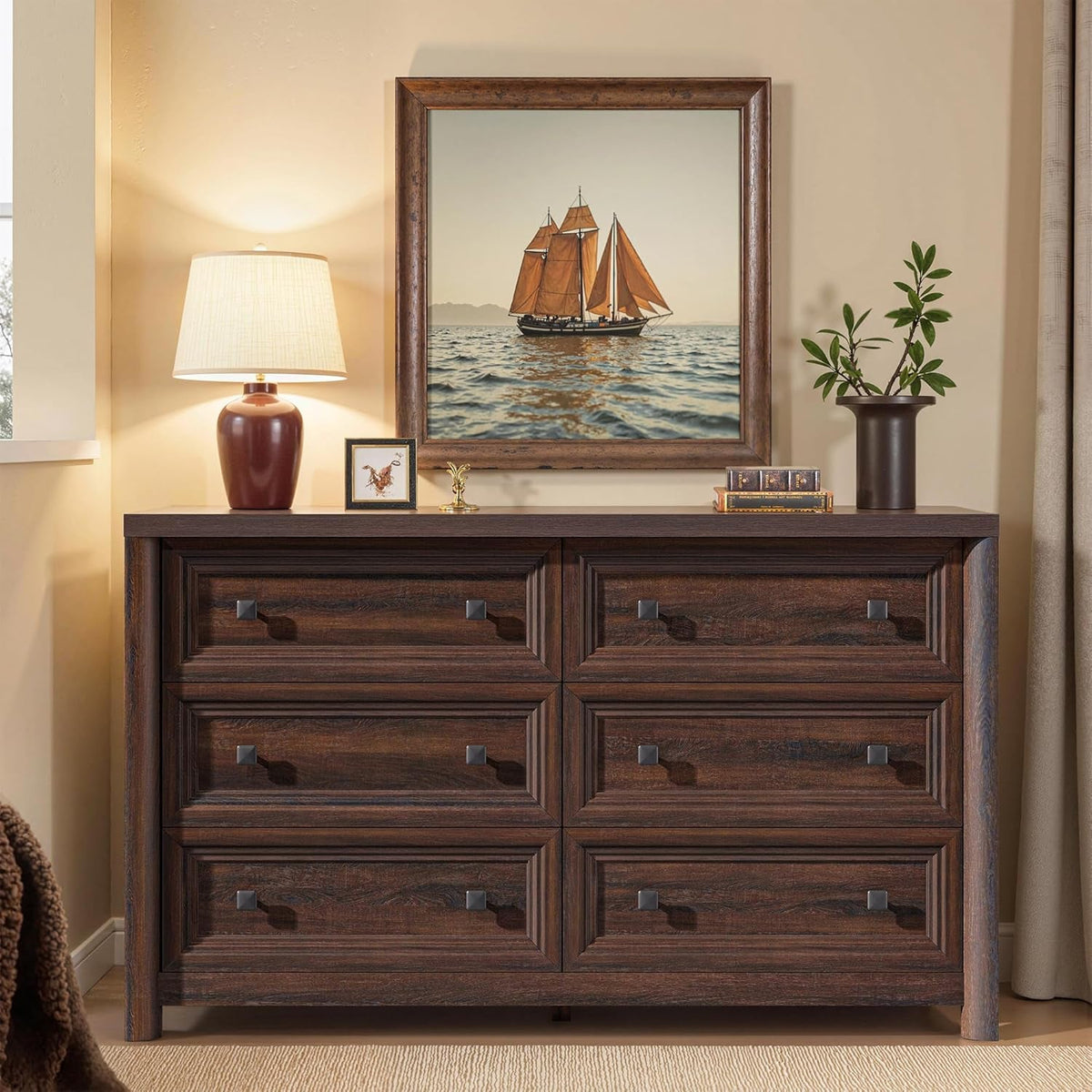 Walnut Fifty Two Inch Six Drawer Dresser With Smooth Glide