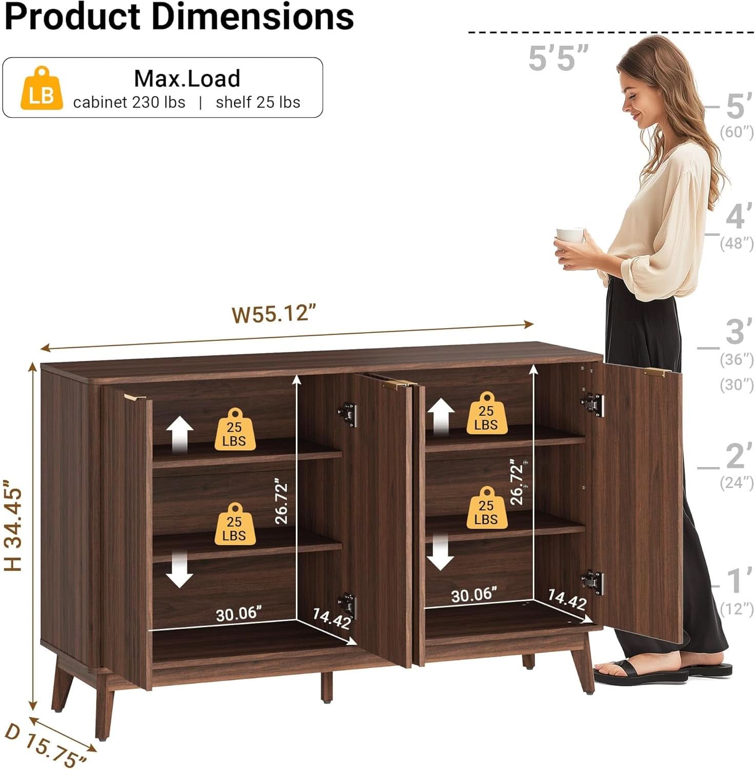 Walnut Fluted Sideboard Buffet 55 Inch Adjustable Shelves
