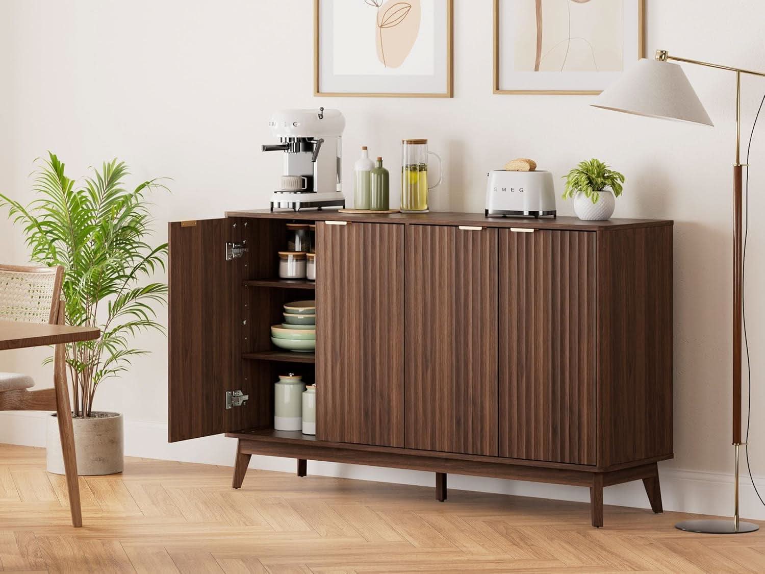 Walnut Fluted Sideboard Buffet 55 Inch Adjustable Shelves