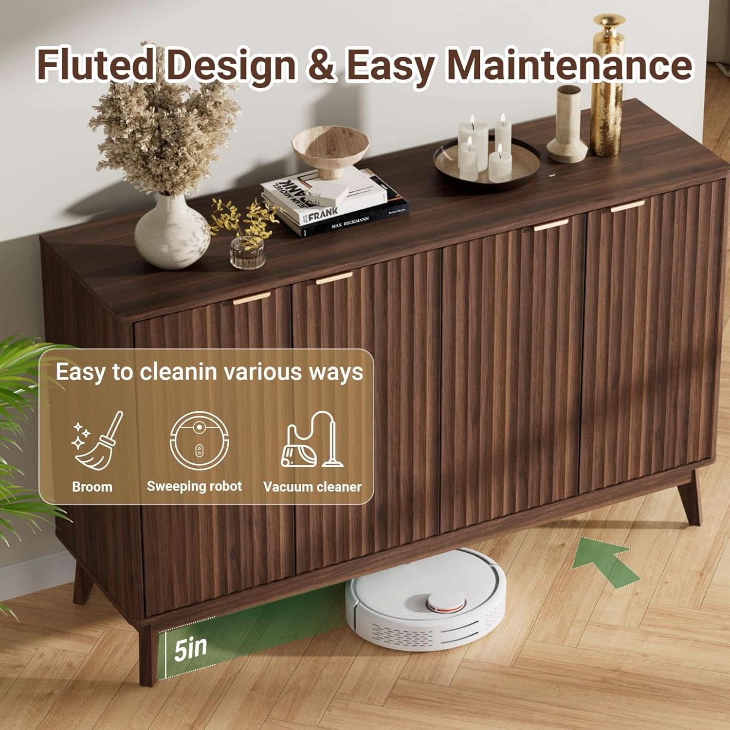 Walnut Fluted Sideboard Buffet 55 Inch Adjustable Shelves