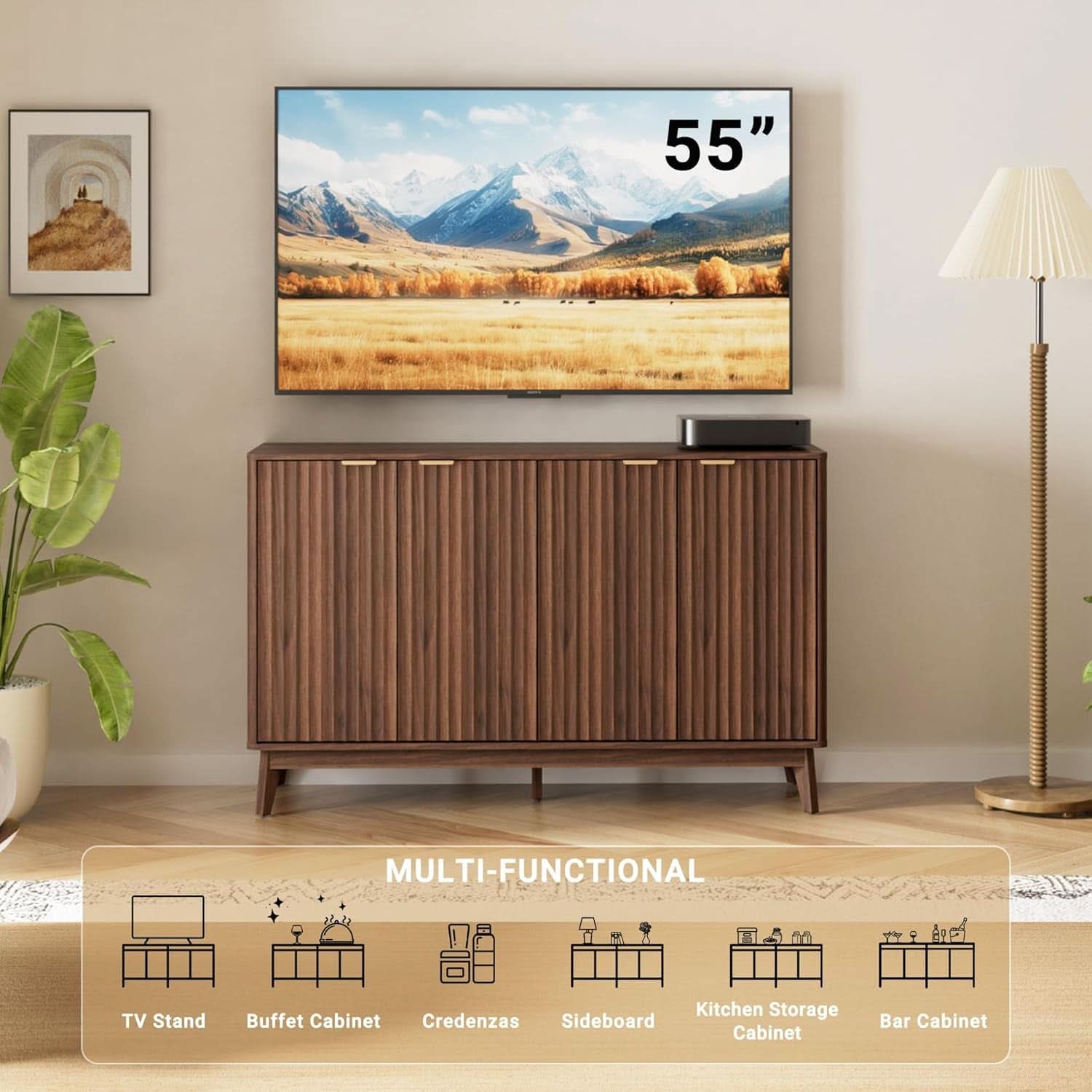 Walnut Fluted Sideboard Buffet 55 Inch Adjustable Shelves