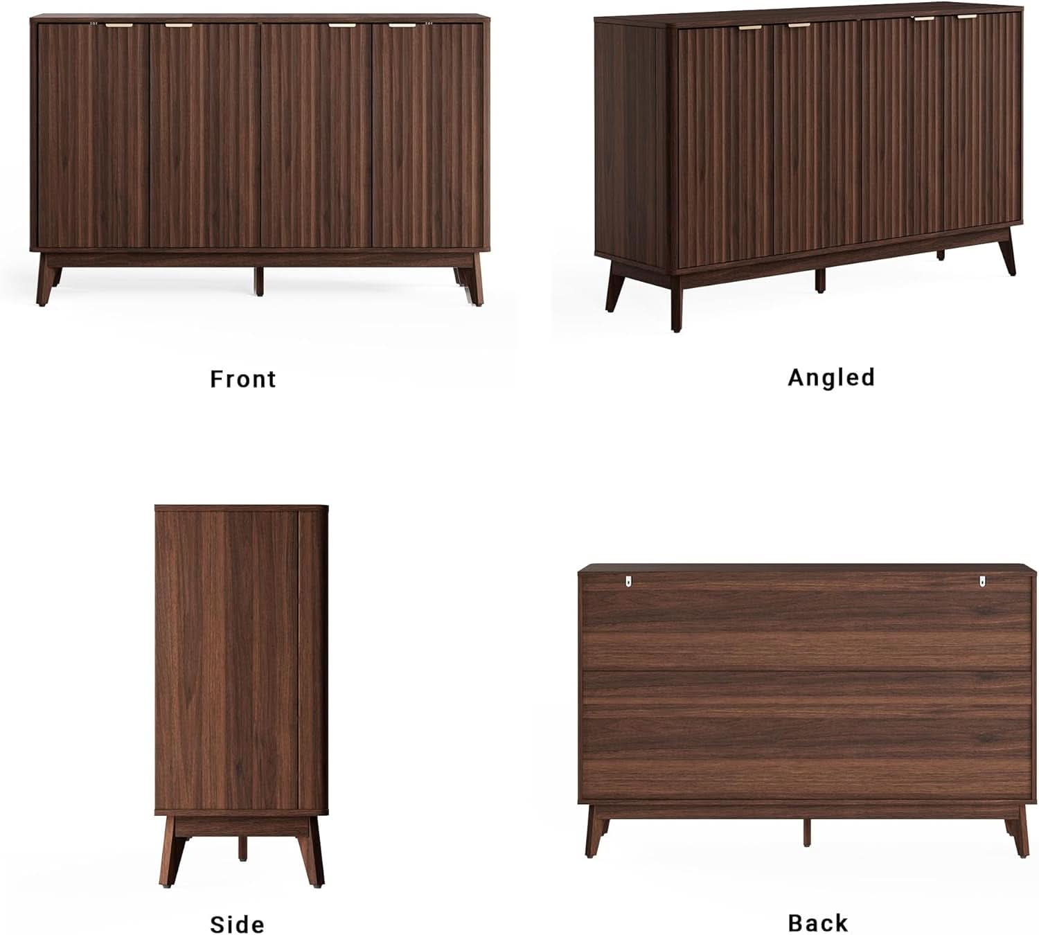 Walnut Fluted Sideboard Buffet 55 Inch Adjustable Shelves