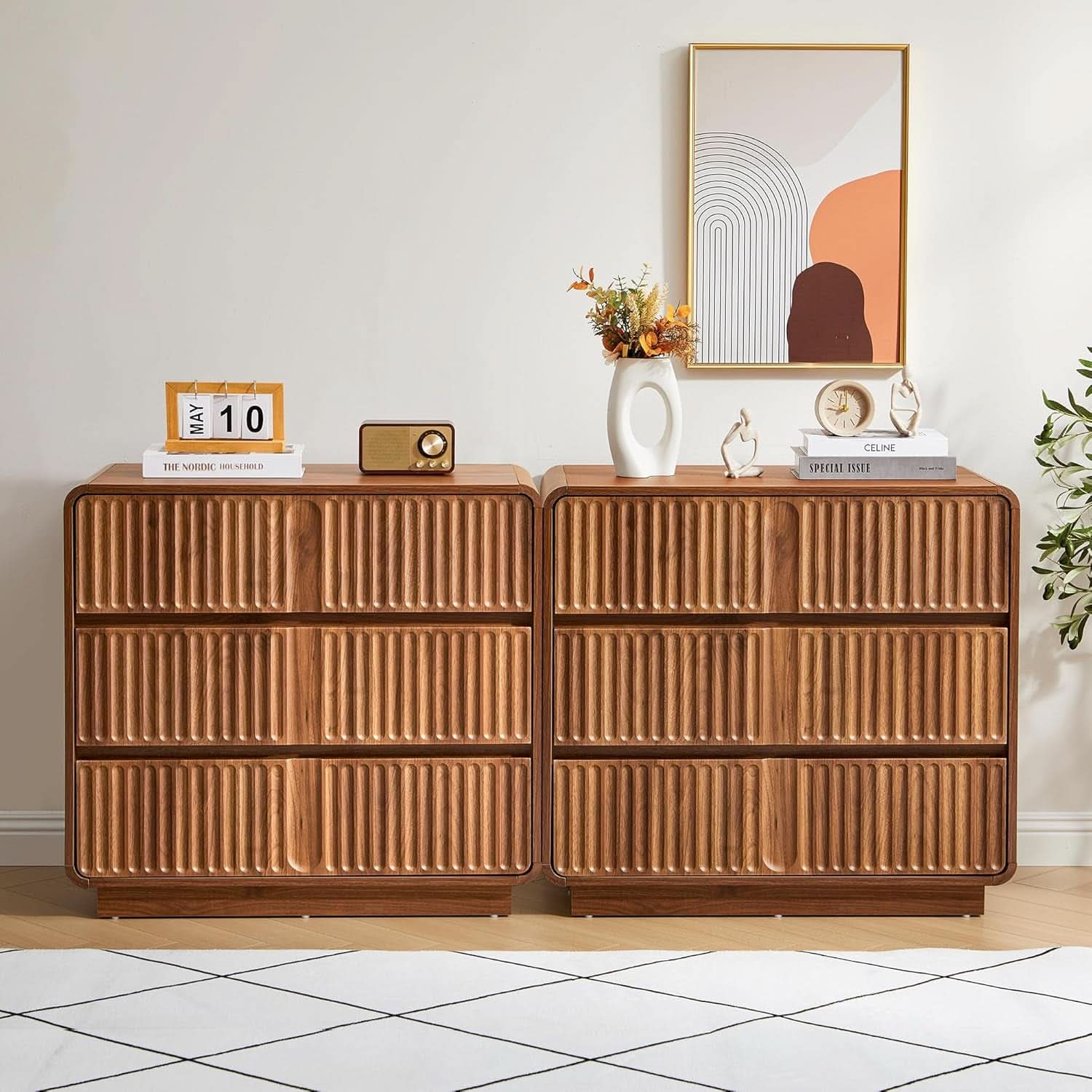 Walnut Fluted Three Drawer Dresser 31 Inch Wide Storage