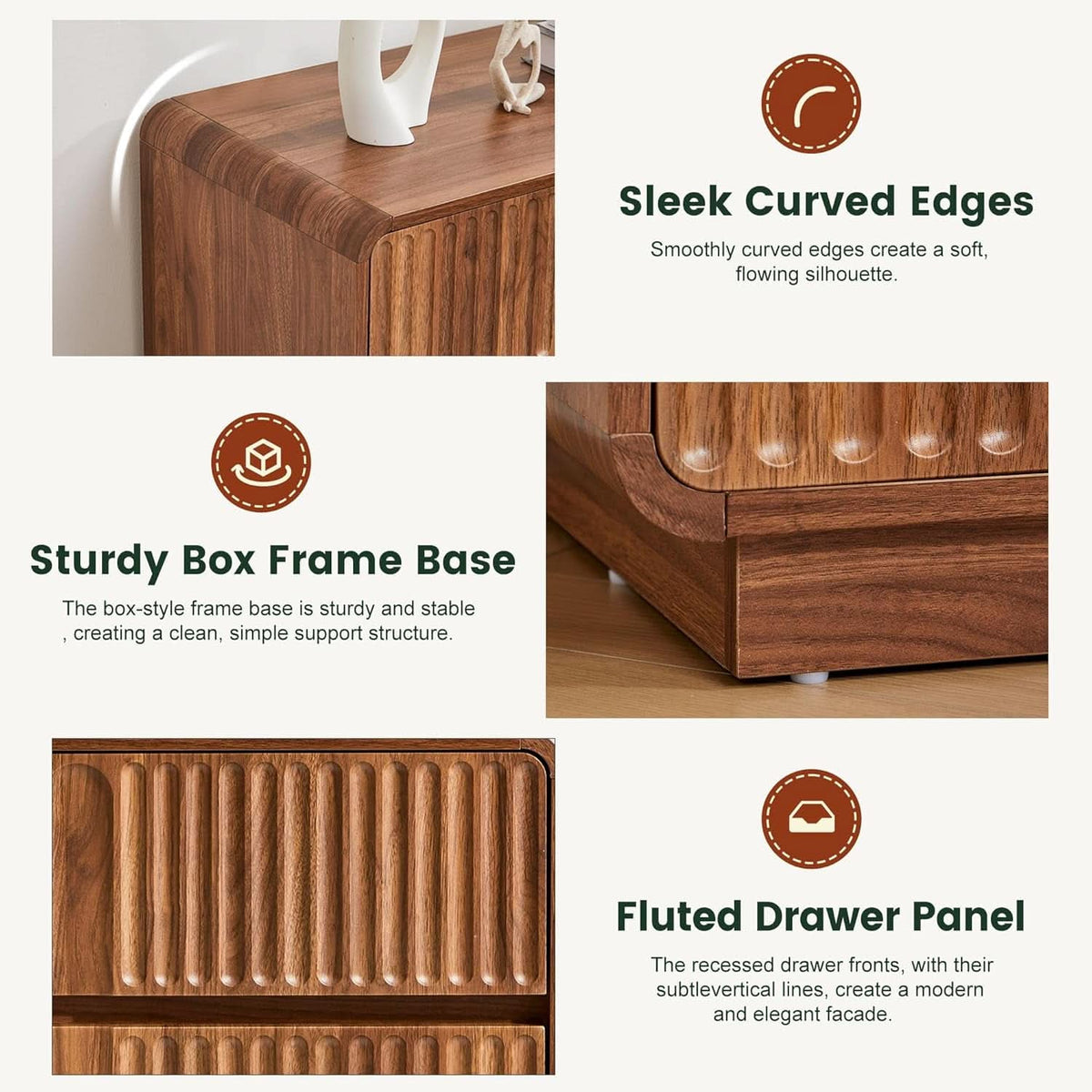 Walnut Fluted Three Drawer Dresser 31 Inch Wide Storage