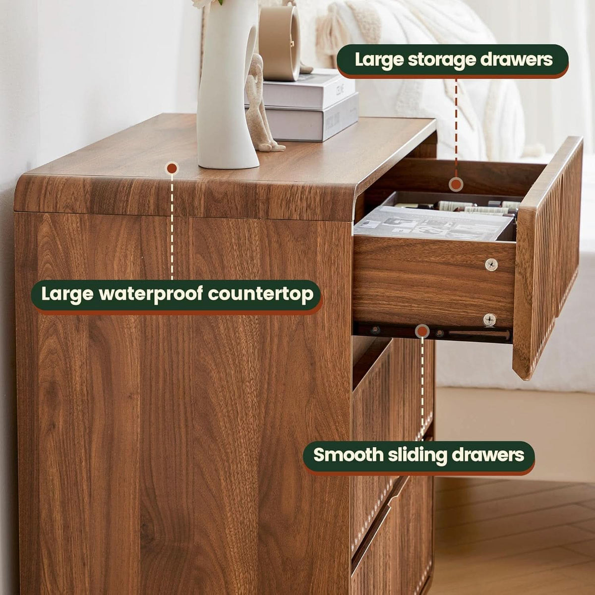 Walnut Fluted Three Drawer Dresser 31 Inch Wide Storage
