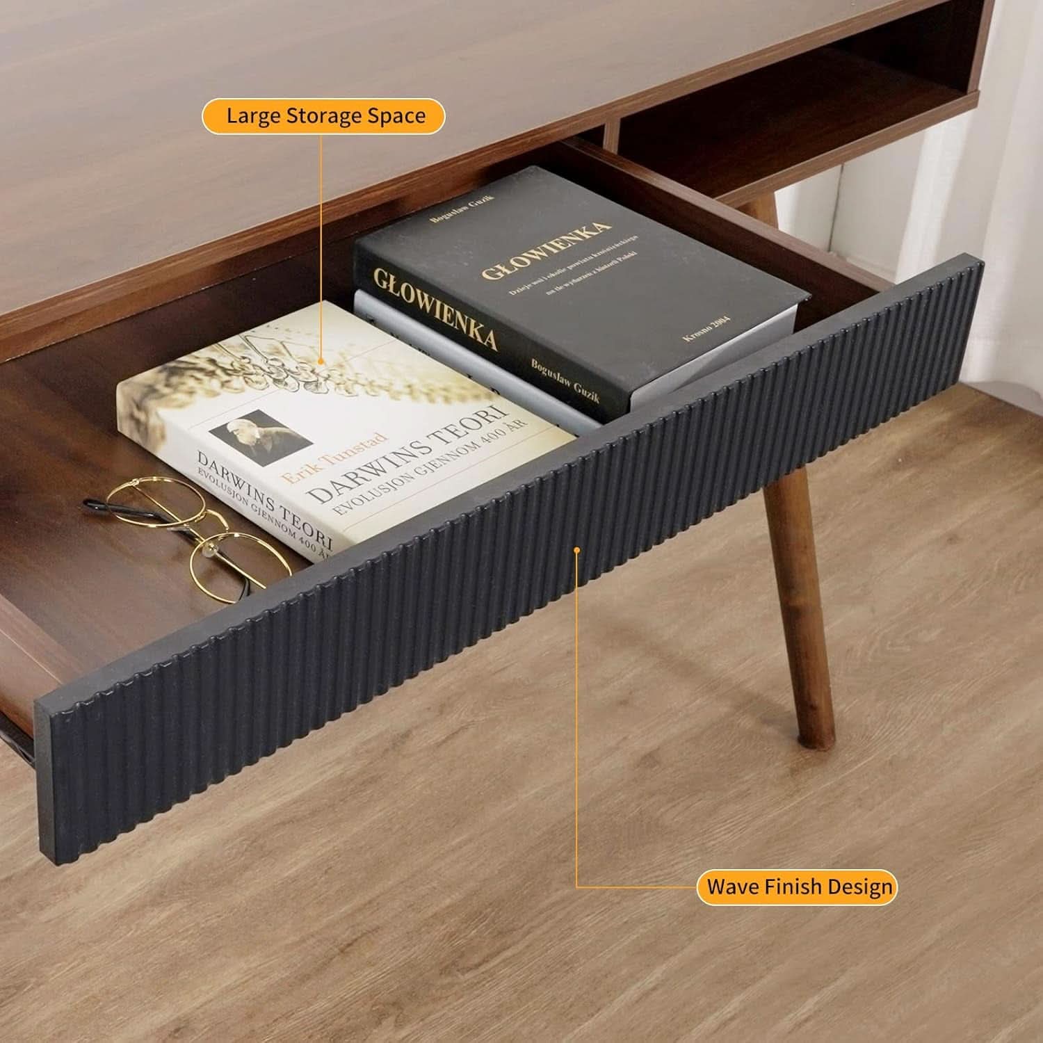 Walnut Mid Century Modern Desk With Drawer For Home Office