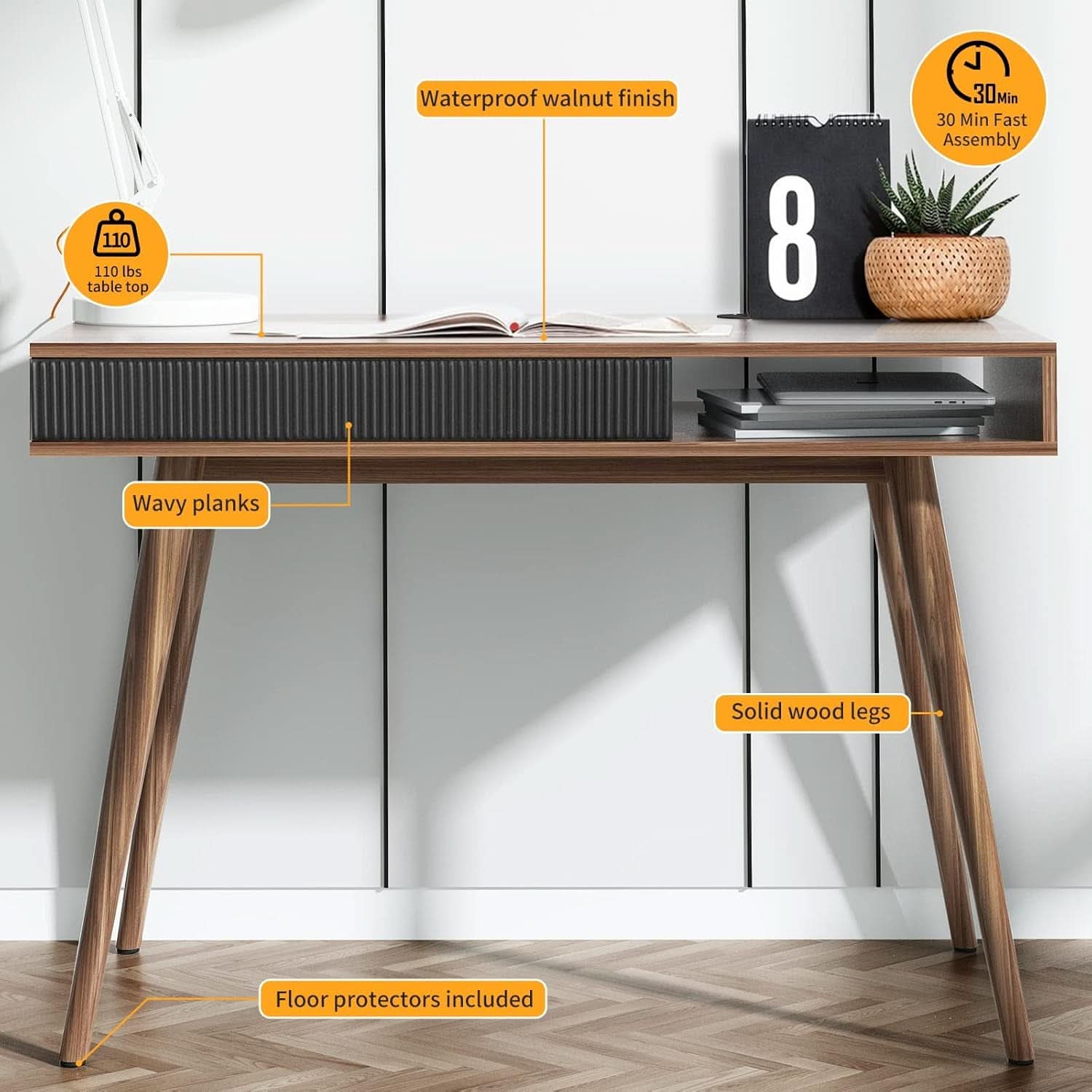 Walnut Mid Century Modern Desk With Drawer For Home Office