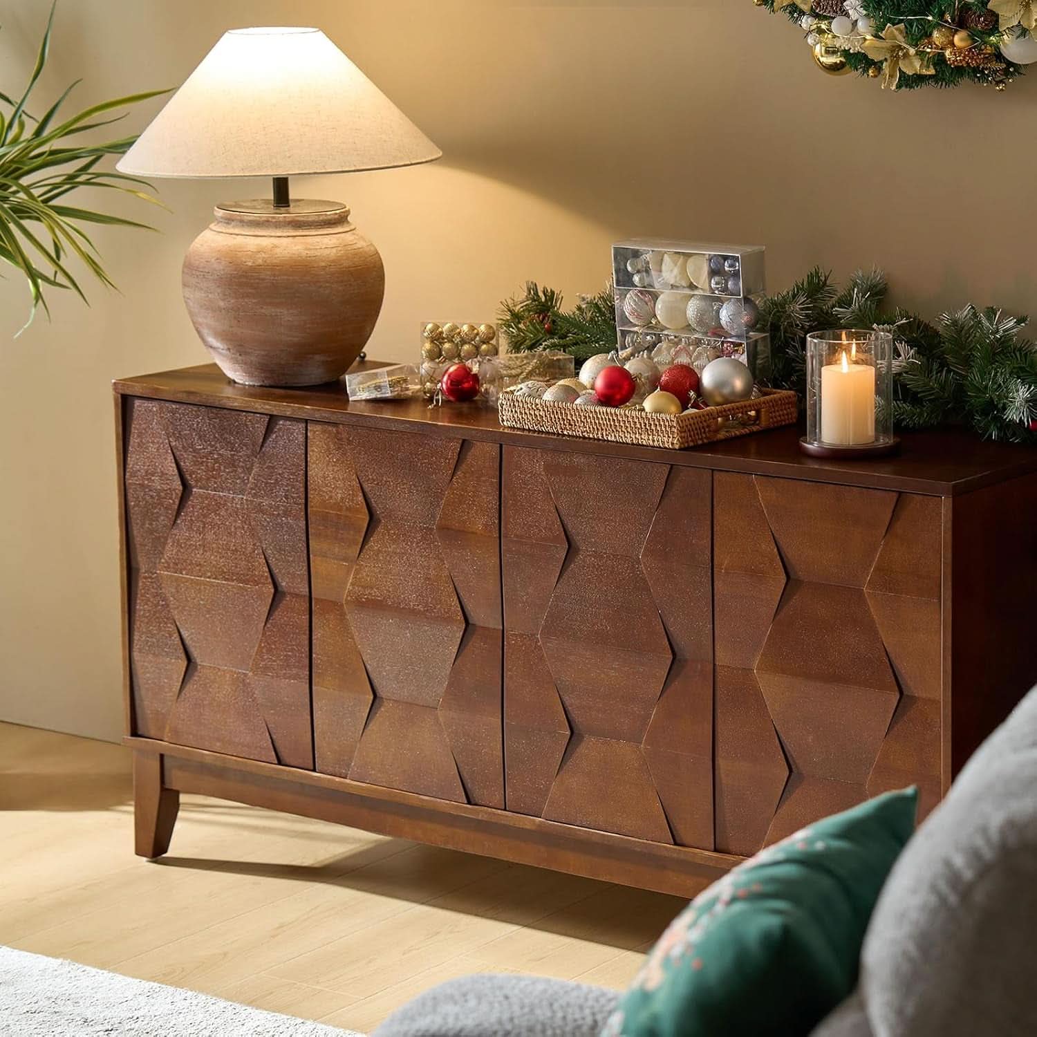 Walnut Mid Century Sideboard Buffet With Solid Wood Legs