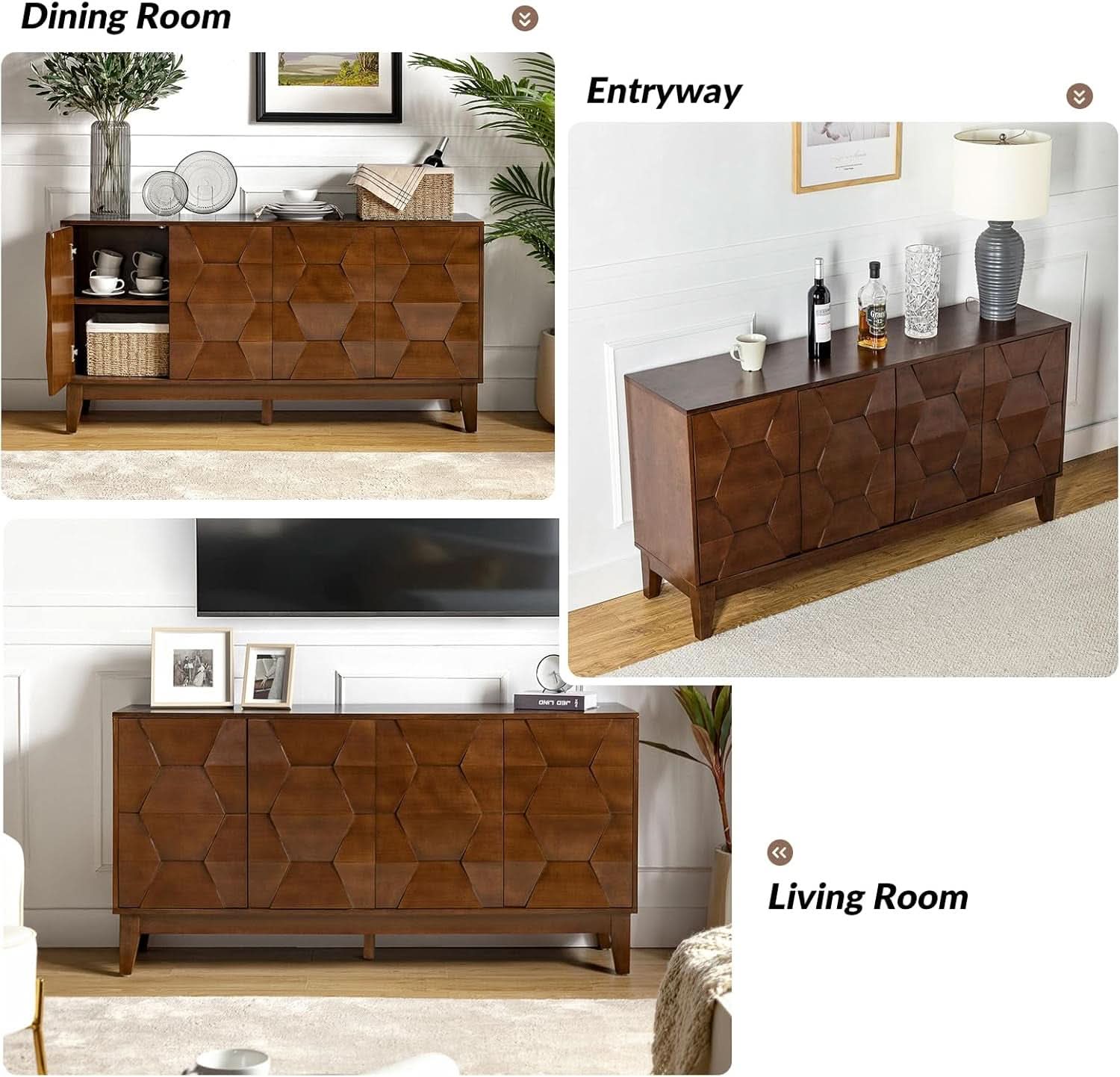 Walnut Mid Century Sideboard Buffet With Solid Wood Legs