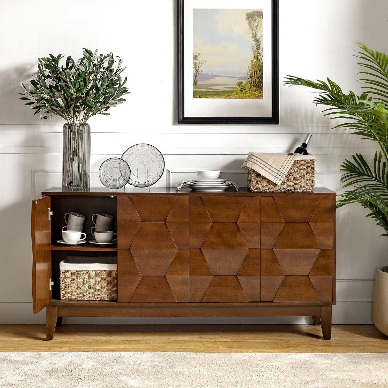 Walnut Mid Century Sideboard Buffet With Solid Wood Legs
