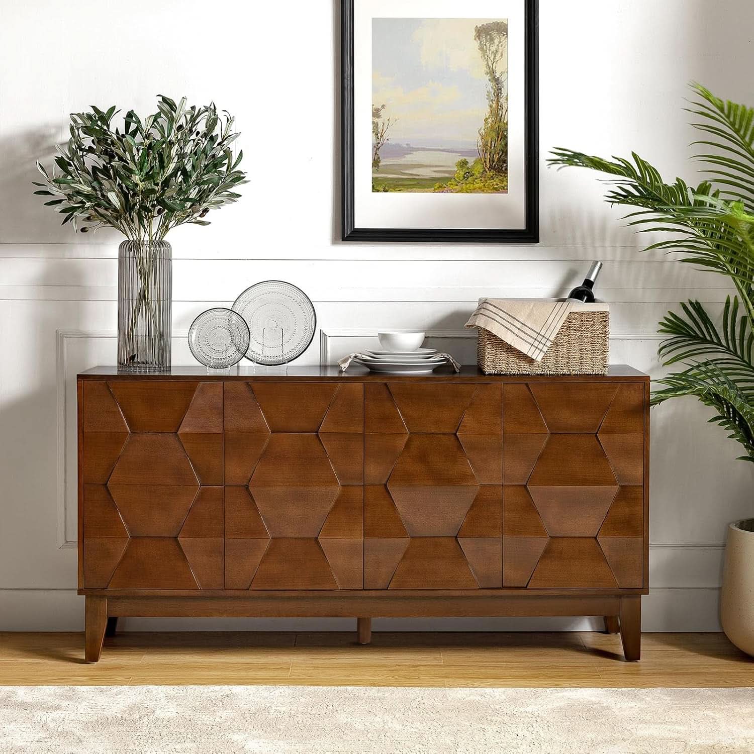 Walnut Mid Century Sideboard Buffet With Solid Wood Legs
