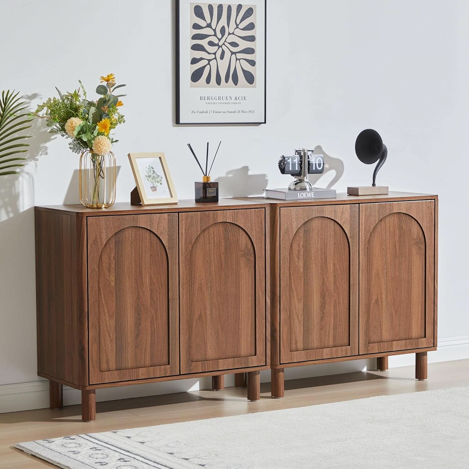 Walnut Modern Sideboard Buffet Cabinet Arched Doors
