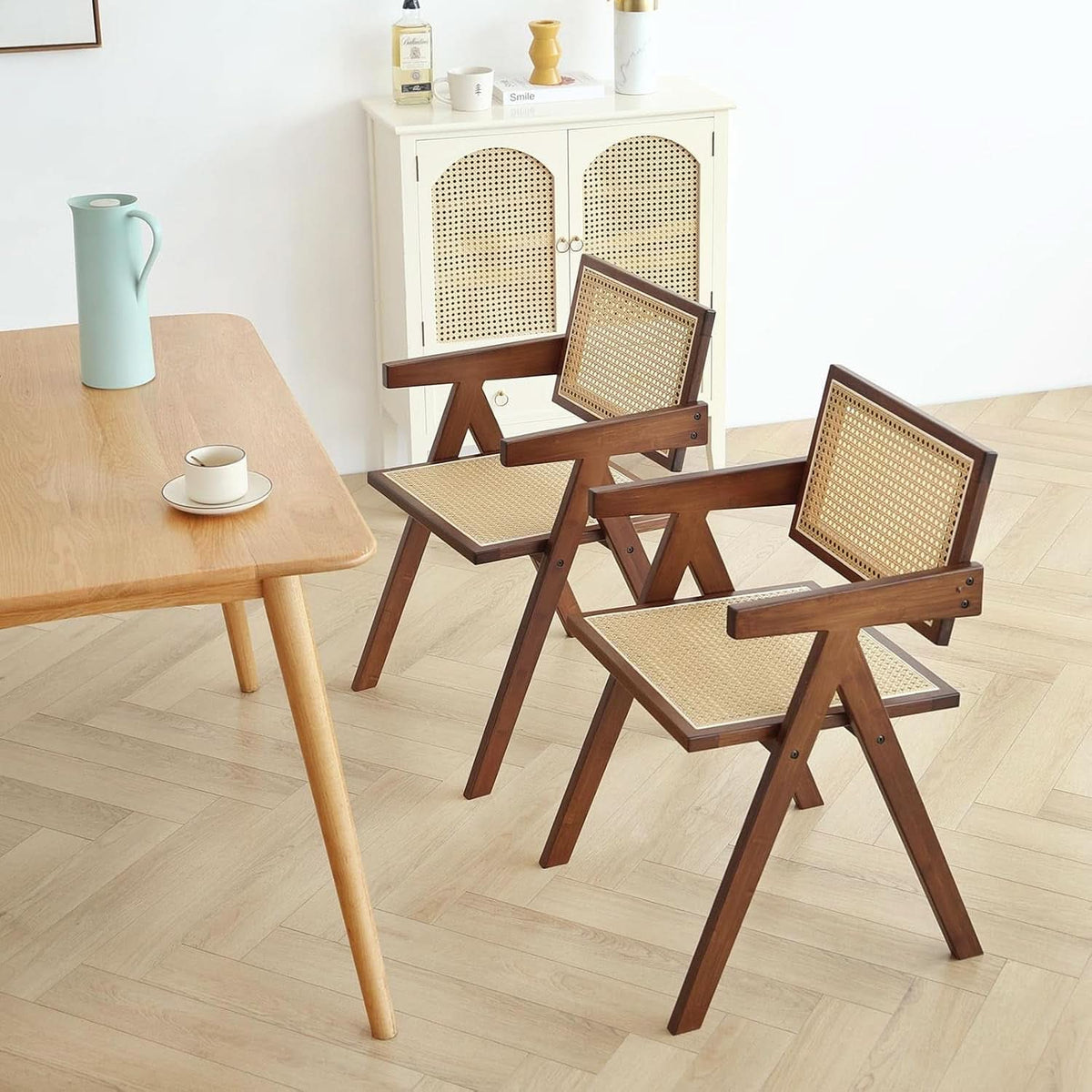 Walnut Rattan Dining Chairs Set Of 2 Ergonomic Back
