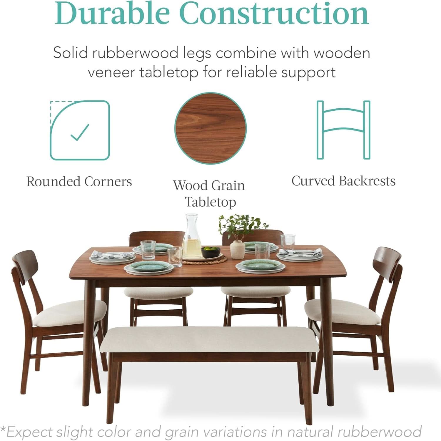 Walnut Rubberwood Dining Set With Upholstered Bench