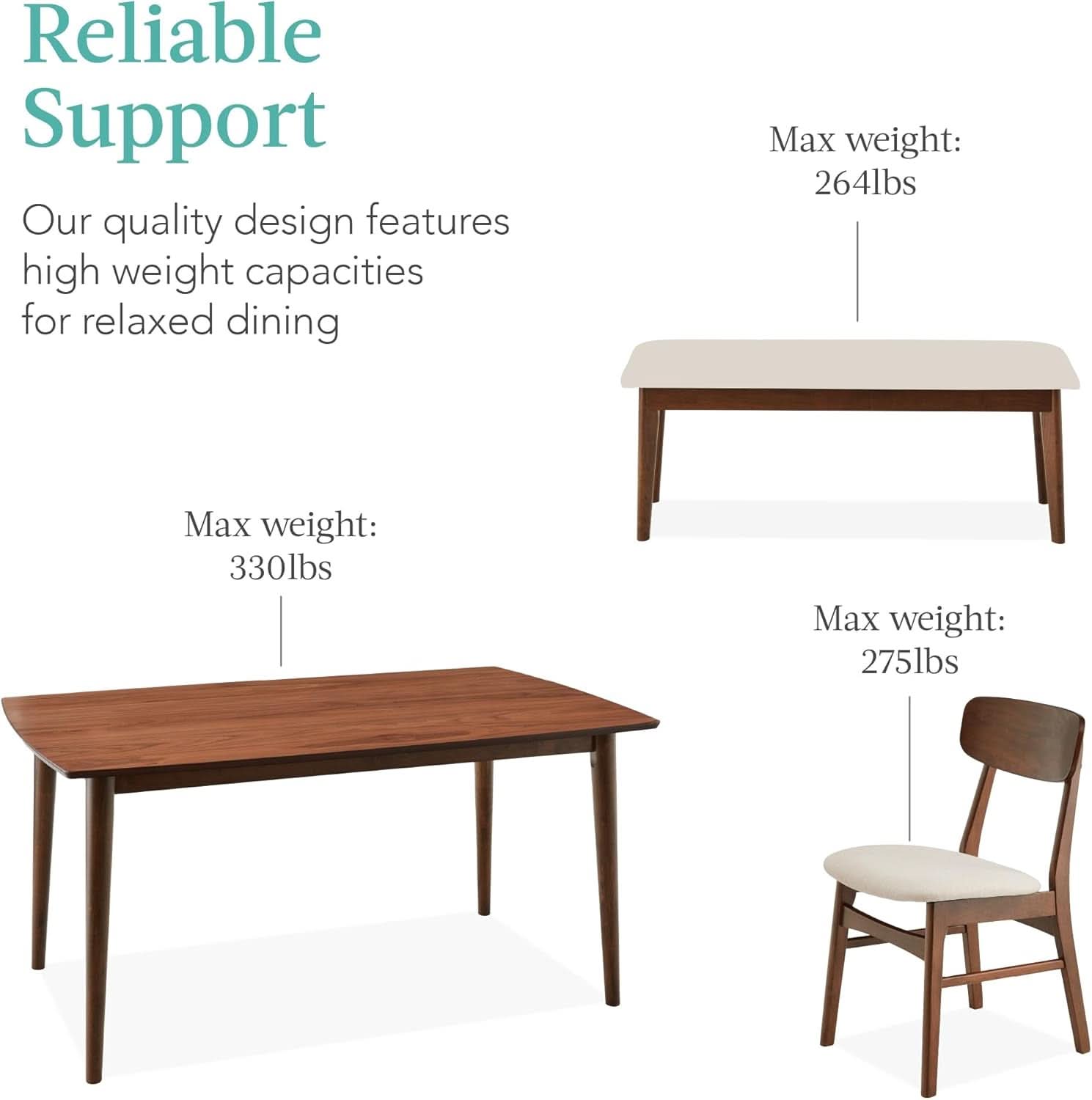 Walnut Rubberwood Dining Set With Upholstered Bench