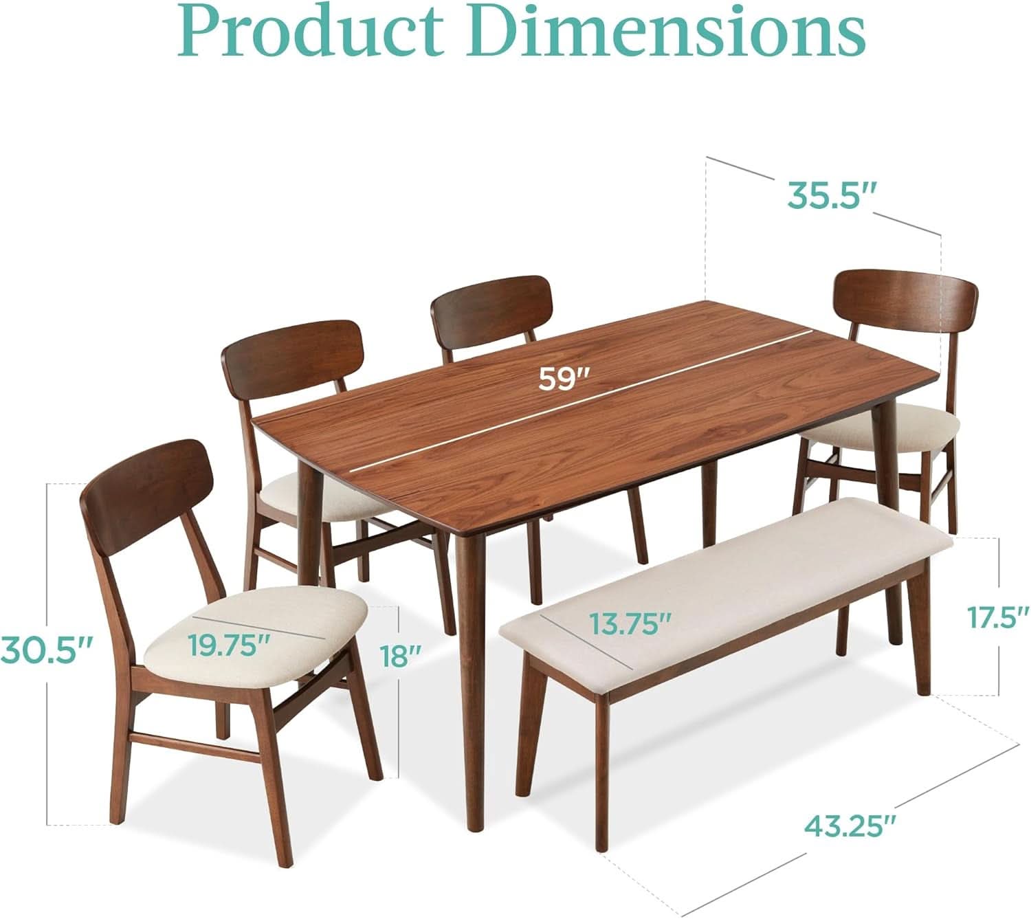 Walnut Rubberwood Dining Set With Upholstered Bench