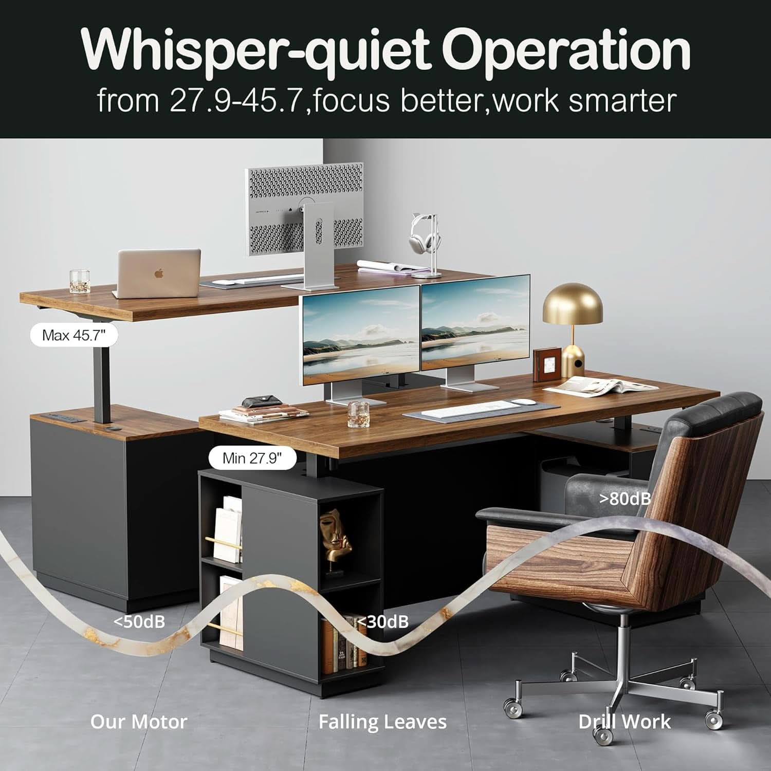 Walnut Seventy OneInch Height Adjustable Standing Desk Cabinets