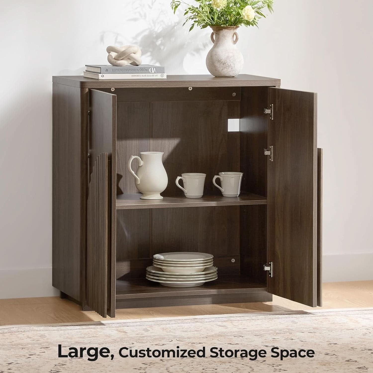 Walnut Sideboard Buffet Cabinet With Generous Storage And Wave Pattern Doors