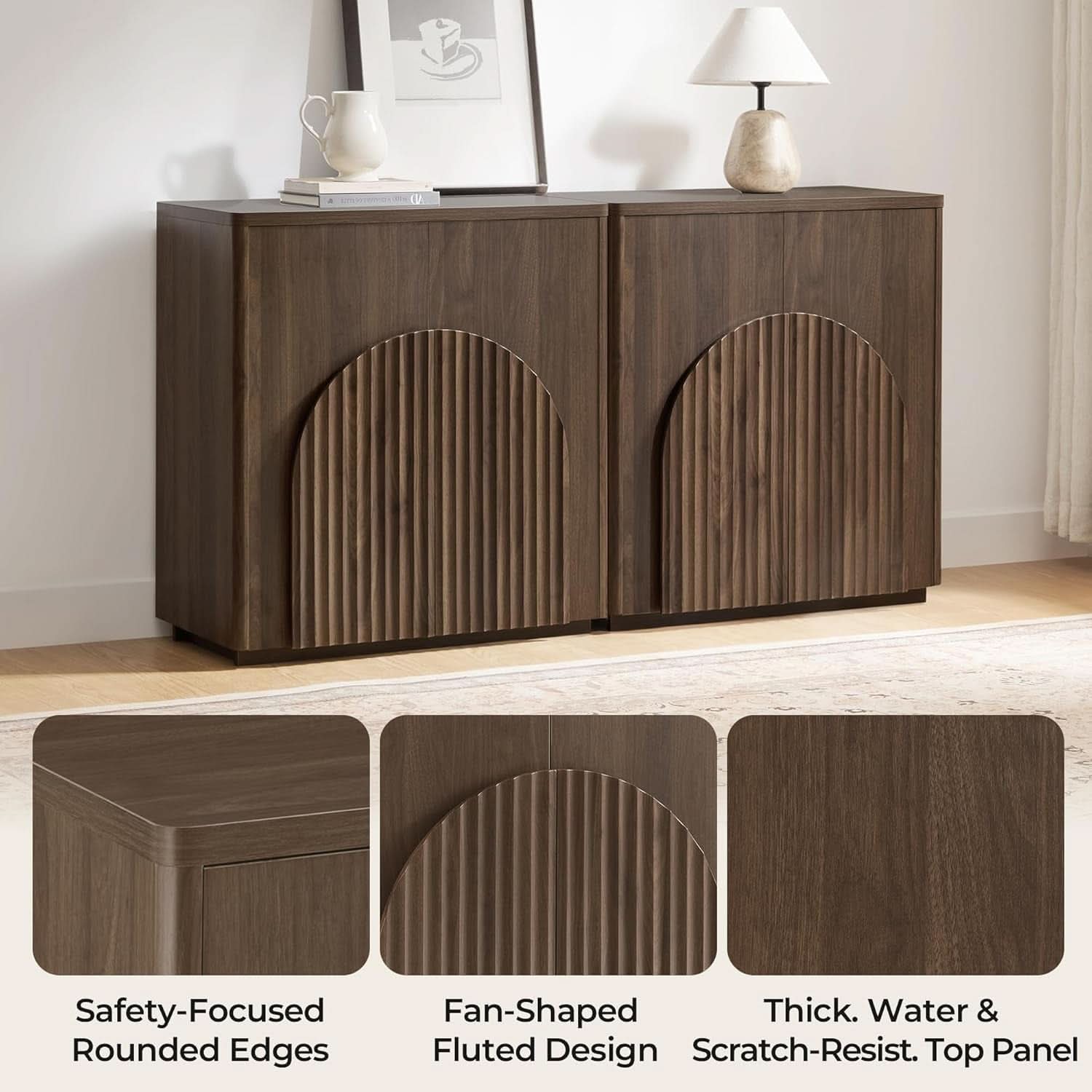 Walnut Sideboard Buffet Cabinet With Generous Storage And Wave Pattern Doors