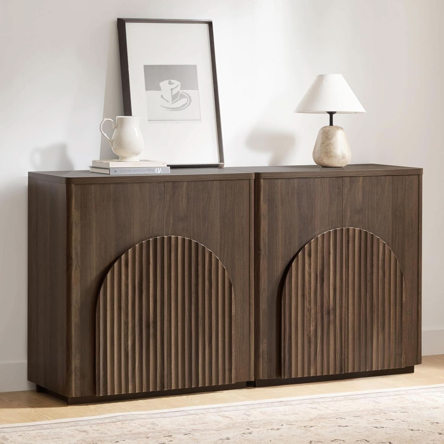 Walnut Sideboard Buffet Cabinet With Generous Storage And Wave Pattern Doors