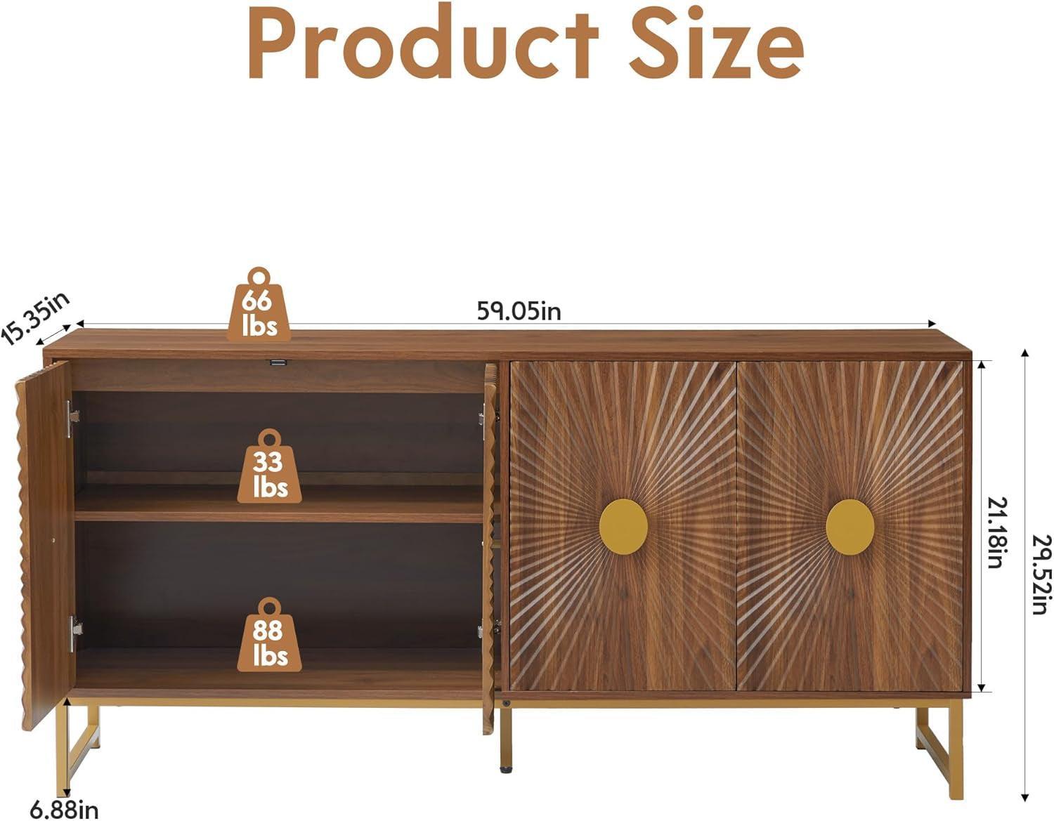 Walnut Sideboard Cabinet With Adjustable Shelves For Dining Room