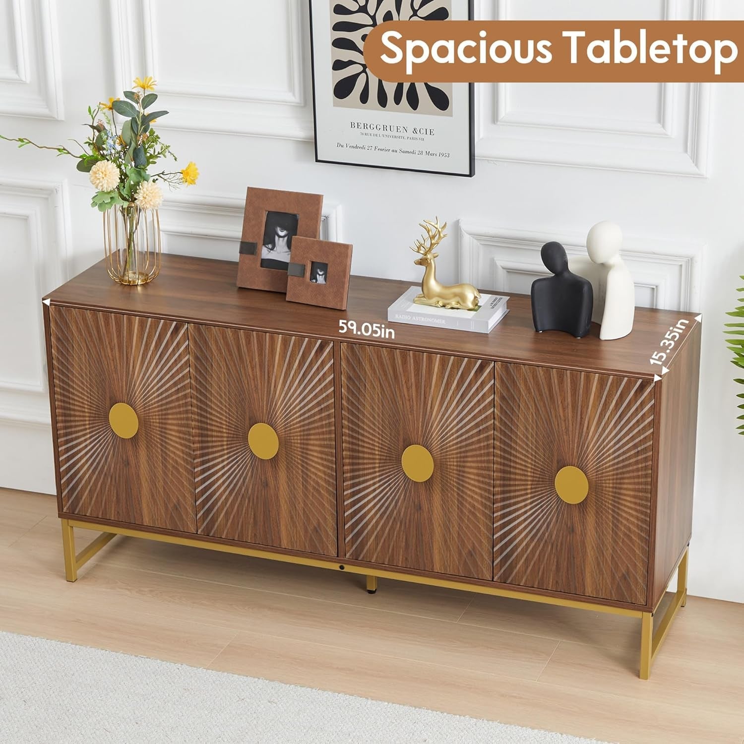 Walnut Sideboard Cabinet With Adjustable Shelves For Dining Room