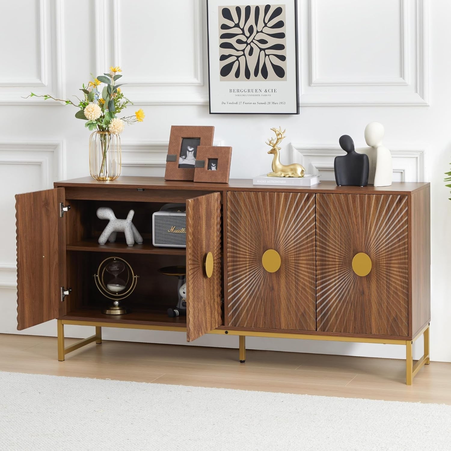 Walnut Sideboard Cabinet With Adjustable Shelves For Dining Room