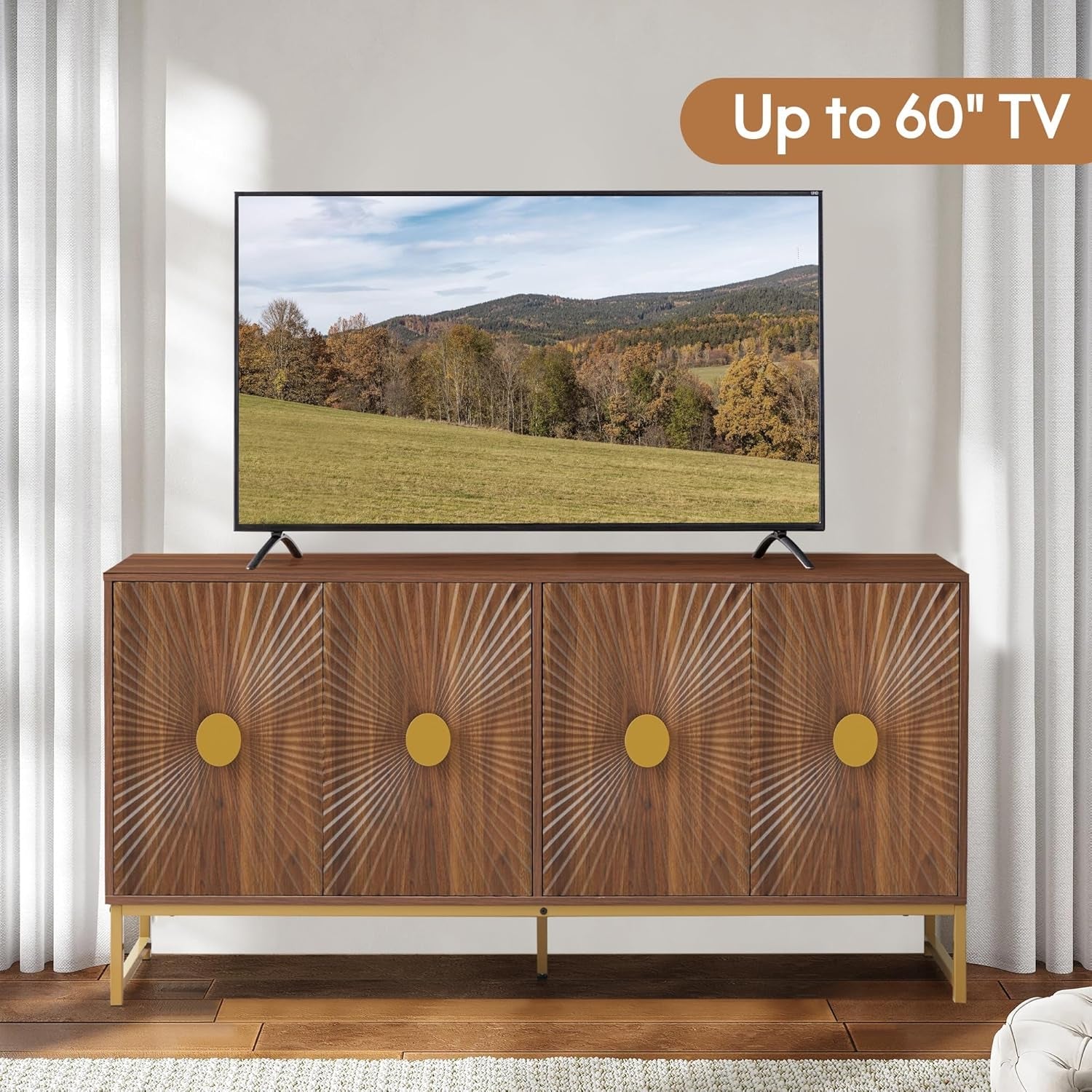 Walnut Sideboard Cabinet With Adjustable Shelves For Dining Room